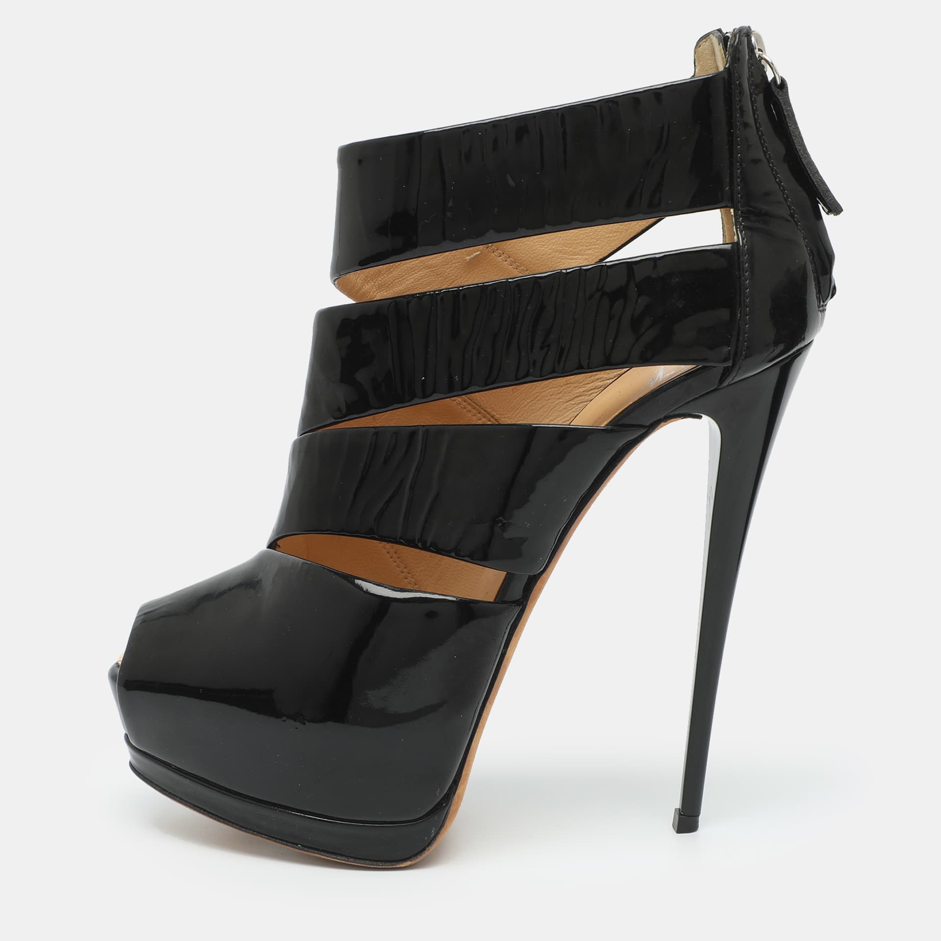 Giuseppe Zanotti Size 37.5 Black Patent Leather Platform Peep Toe Booties