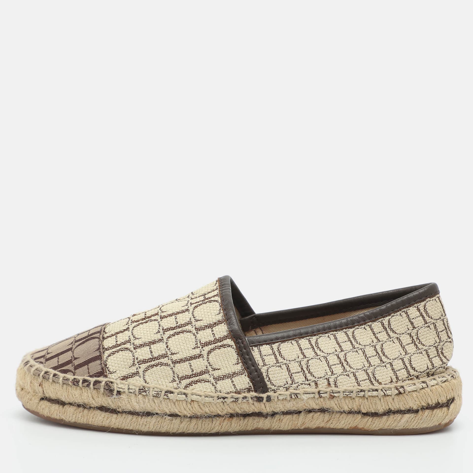CH Carolina Herrera Size 36 Beige Monogram Canvas Espadrille Flats