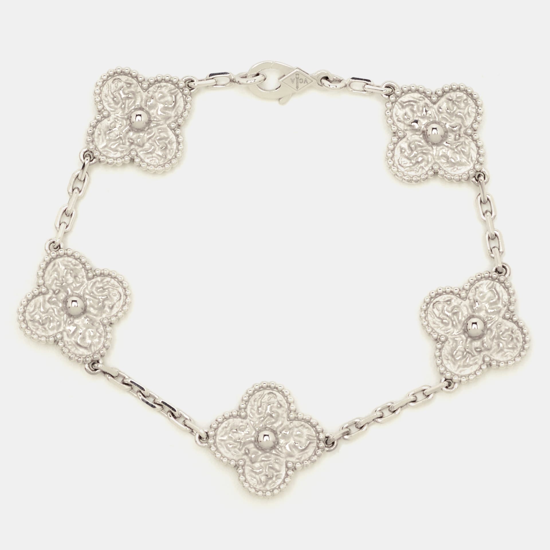Van Cleef & Arpels Vintage Alhambra Hammered Special 18K White Gold 5 Motif Station Bracelet