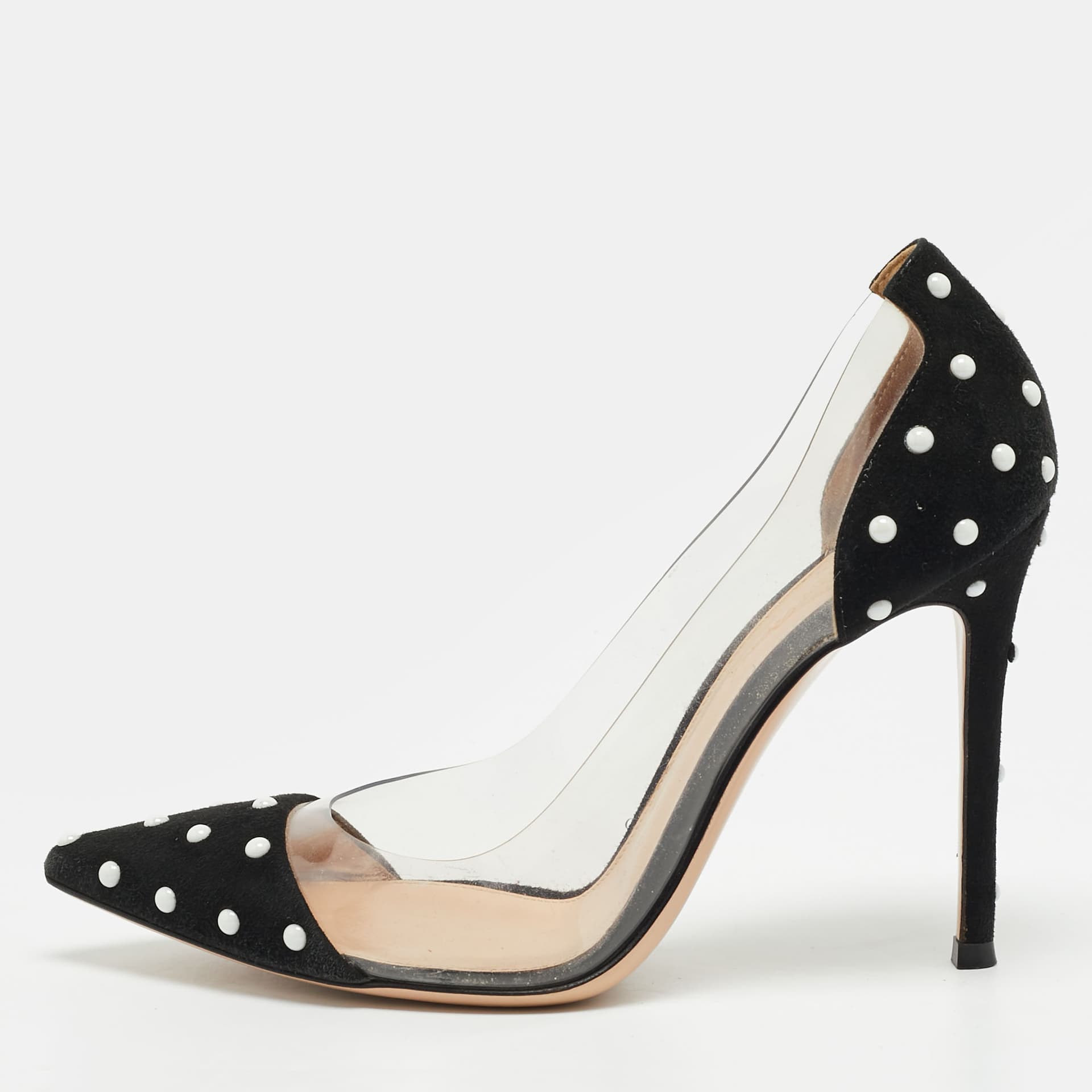 Gianvito Rossi Plexi Size 37 Transparent/Black PVC and Suede Pearl Embellished Pumps
