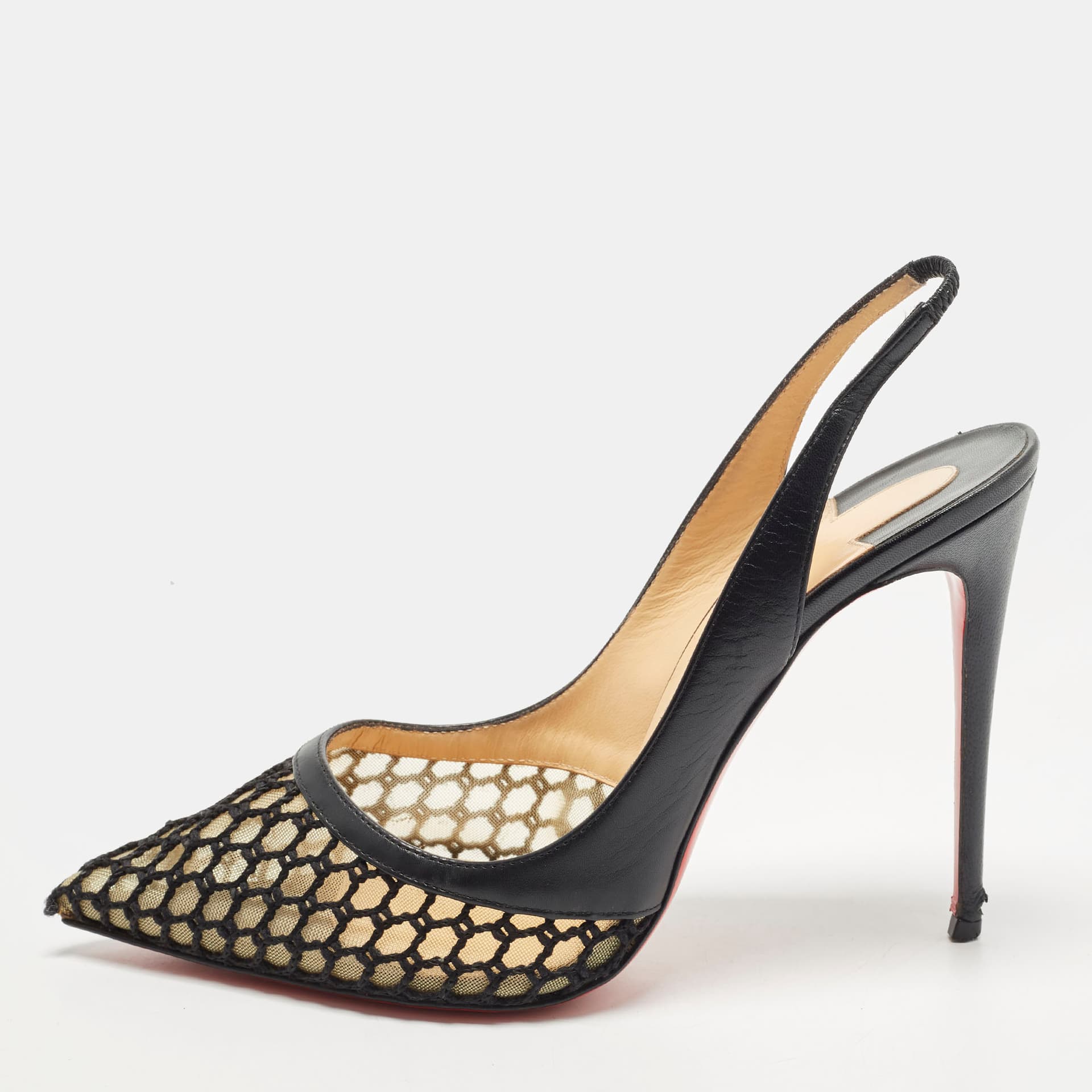 Christian Louboutin Miluna Size 39 Black Leather and Mesh Slingback Pumps