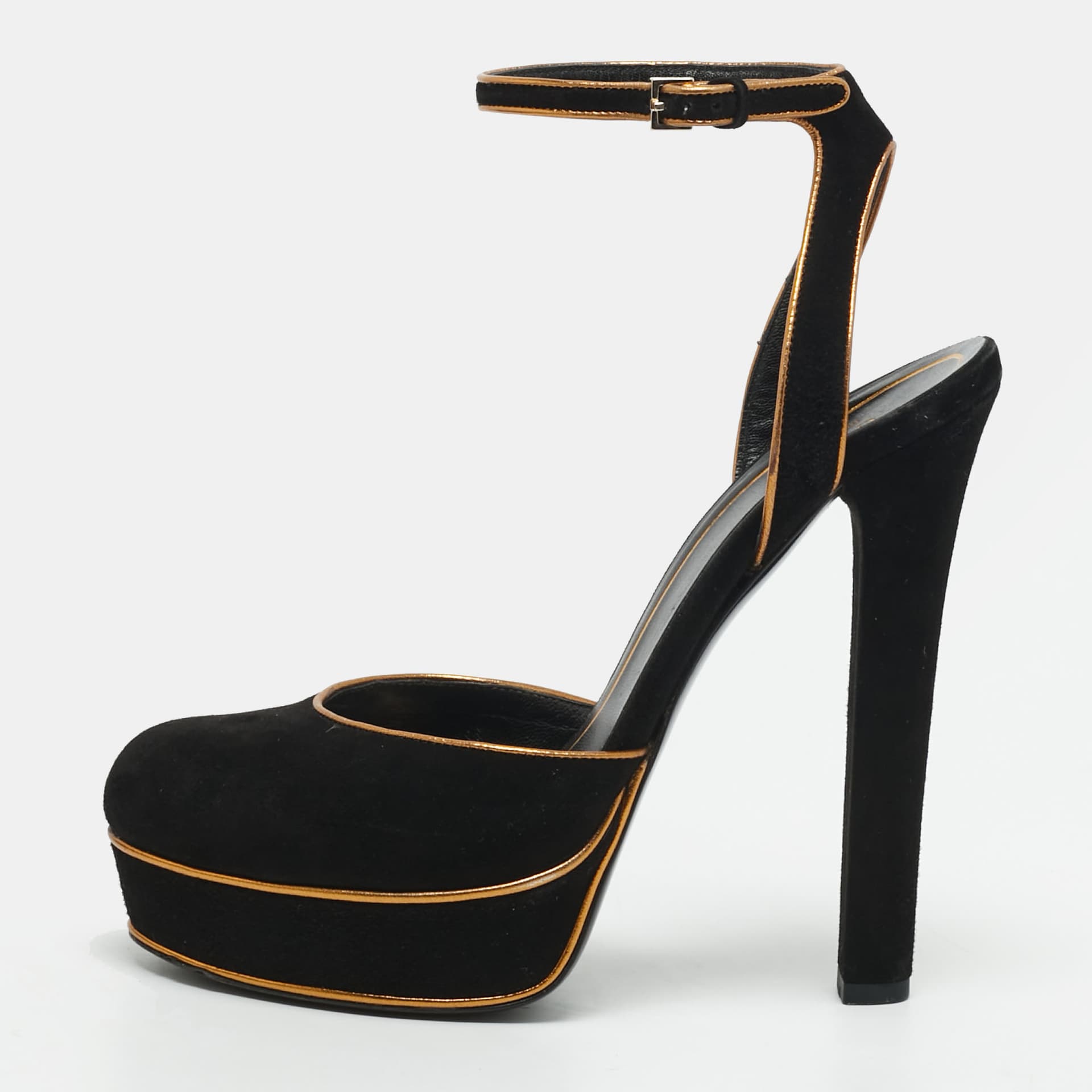 Gucci Huston Size 37 Black/Gold Suede and Leather Ankle Strap Pumps