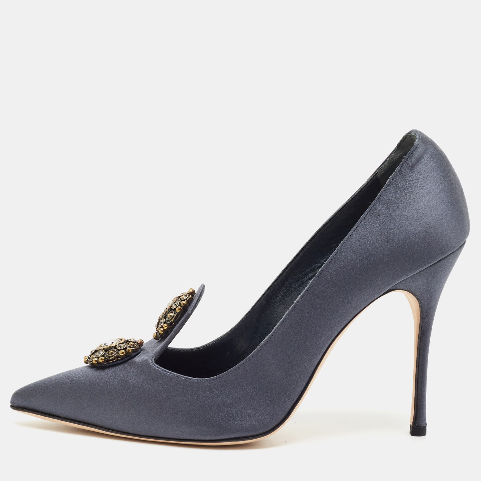 Manolo Blahnik Samara Size 41 Grey Satin Crystal Embellished Pumps