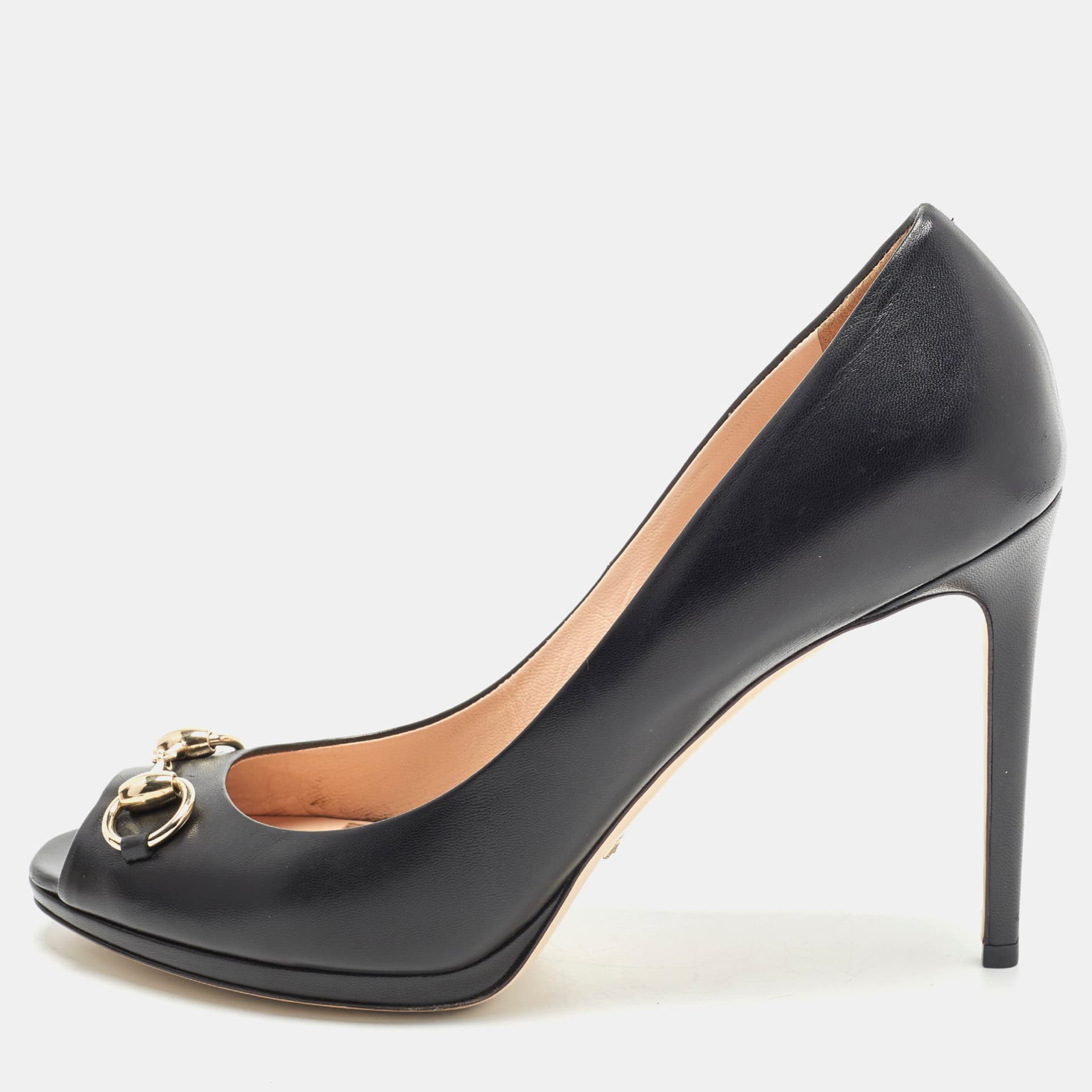 Gucci Horsebit Size 41 Black Leather Peep Toe Pumps