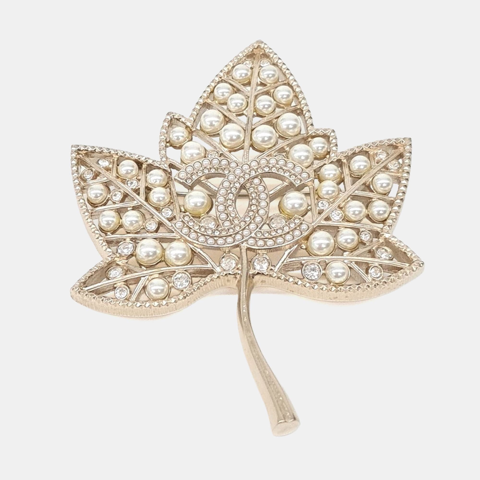 Chanel CC Logo Gold Metal Crystals, Pearls Leaf Brooch