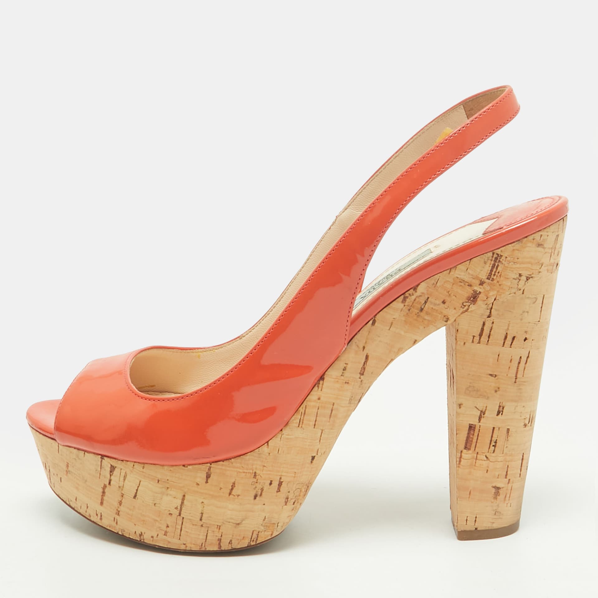 Prada Size 37 Orange Patent Leather Cork Platform Peep Toe Slingback Pumps