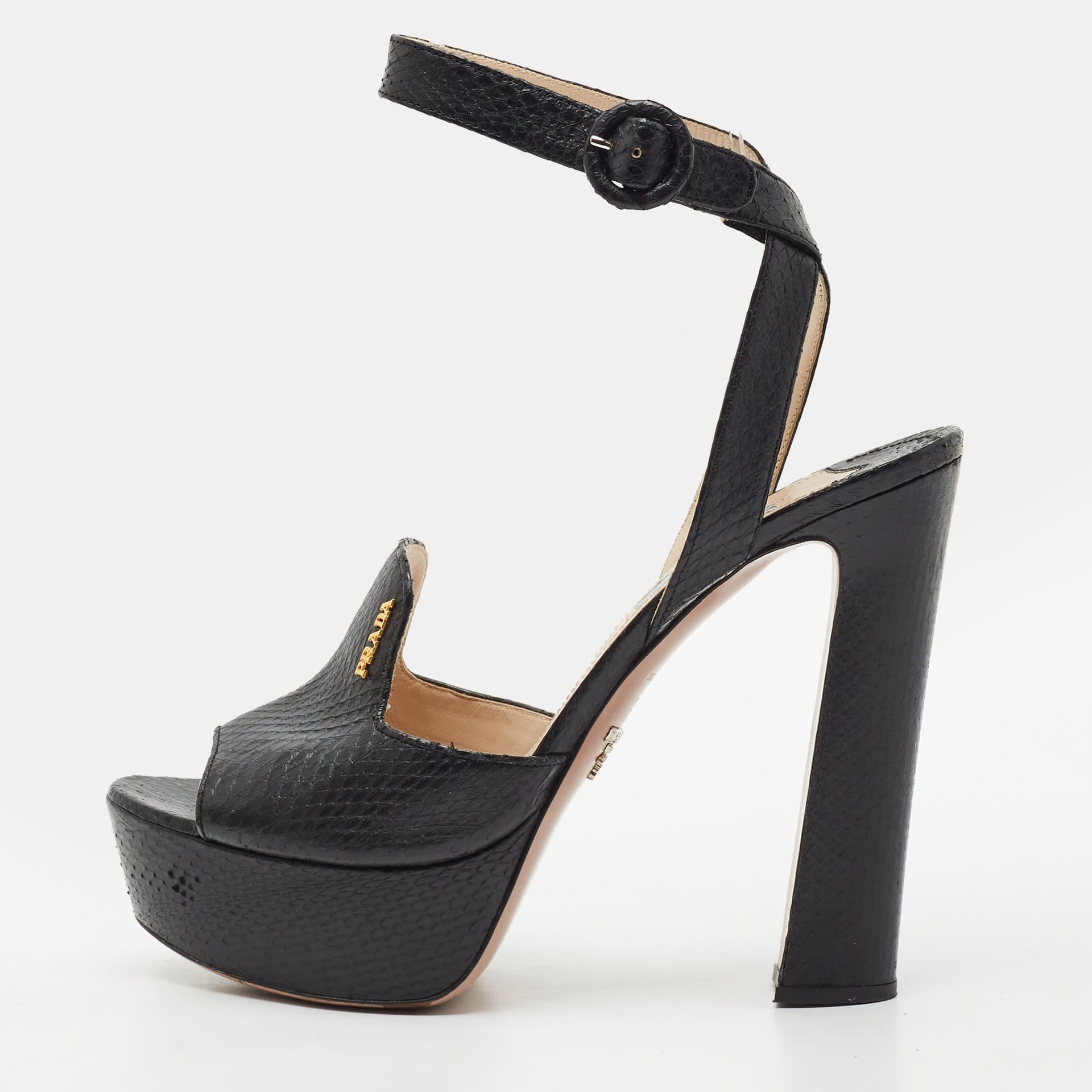 Prada Size 39.5 Black Snakeskin Leather Ankle Strap Sandals