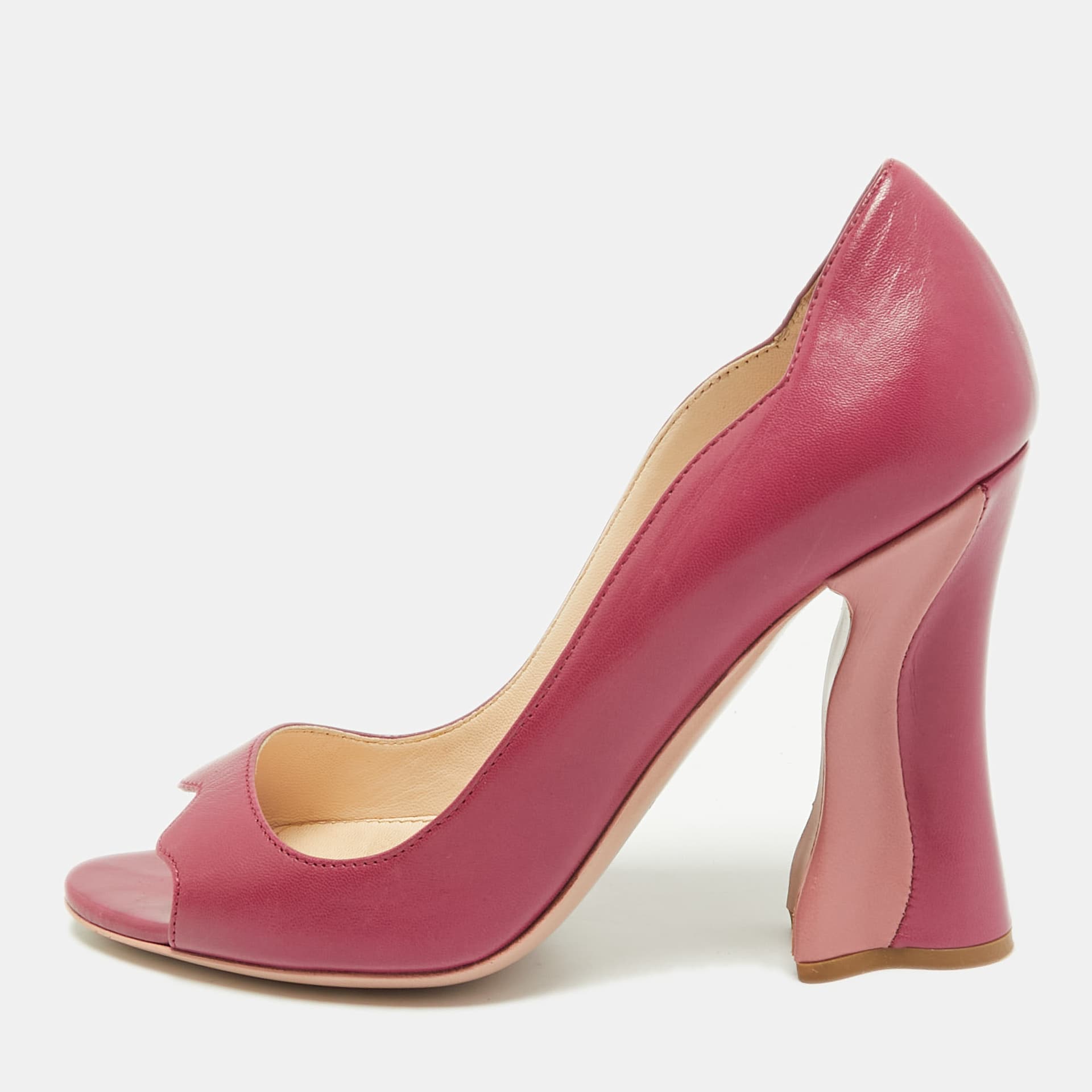 Prada Size 36 Magenta Leather Open Toe Block Heel Pumps