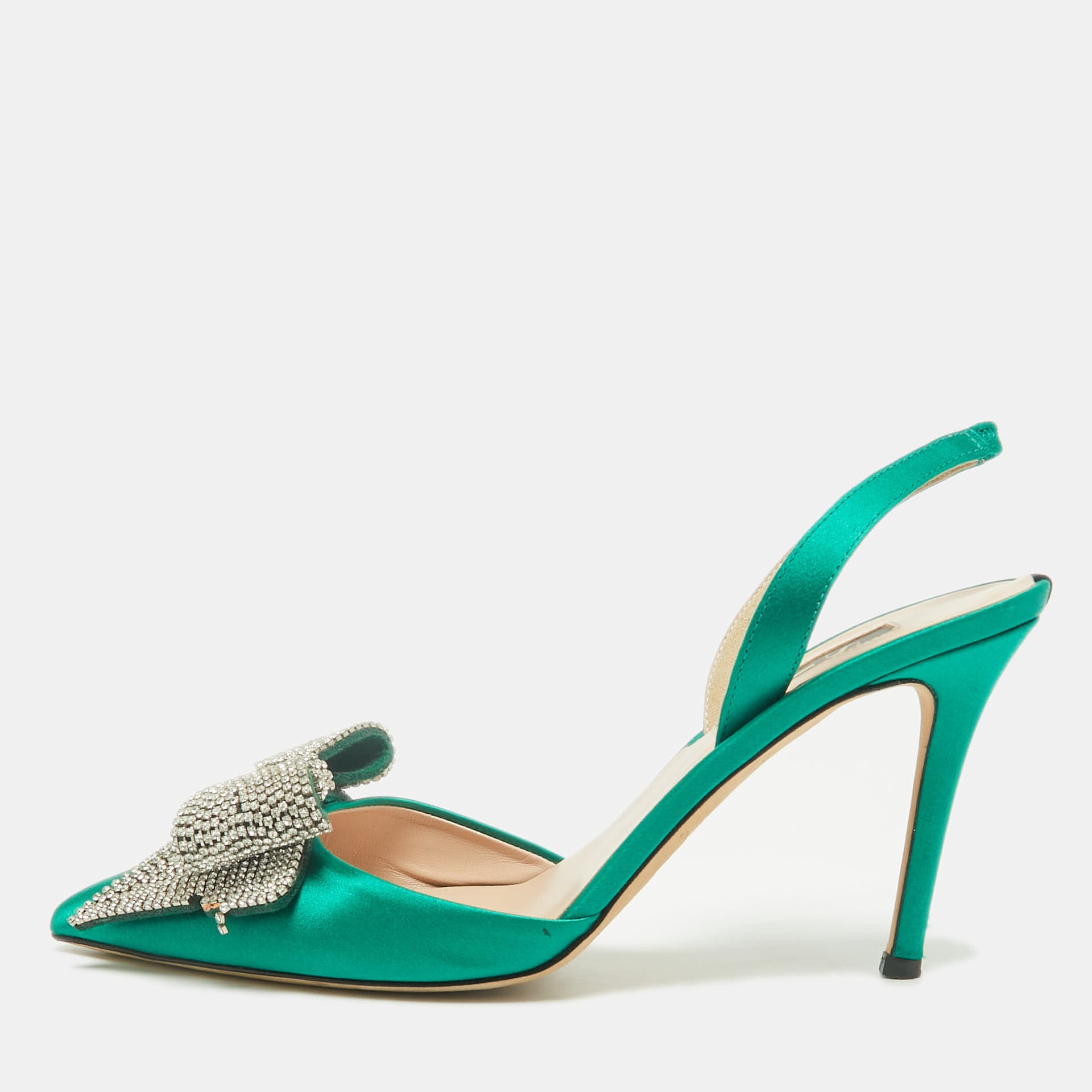 SJP Sarah Jessica Parker The LJ Recital Size 37.5 Green Satin Bow Crystal Embellished Slingback Pumps