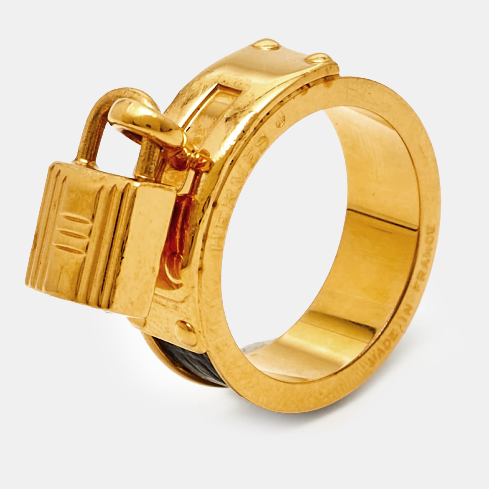 Herm&egrave;s Kelly Cadena Leather Gold Tone Scarf Ring