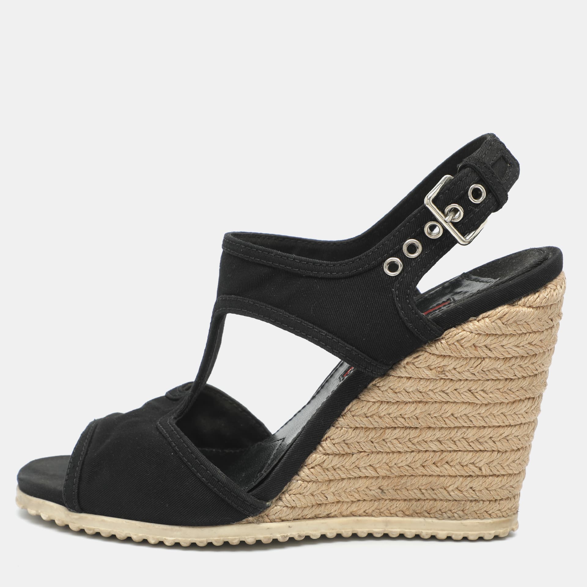 Prada Size 38 Black Fabric Slingback Wedge Sandals