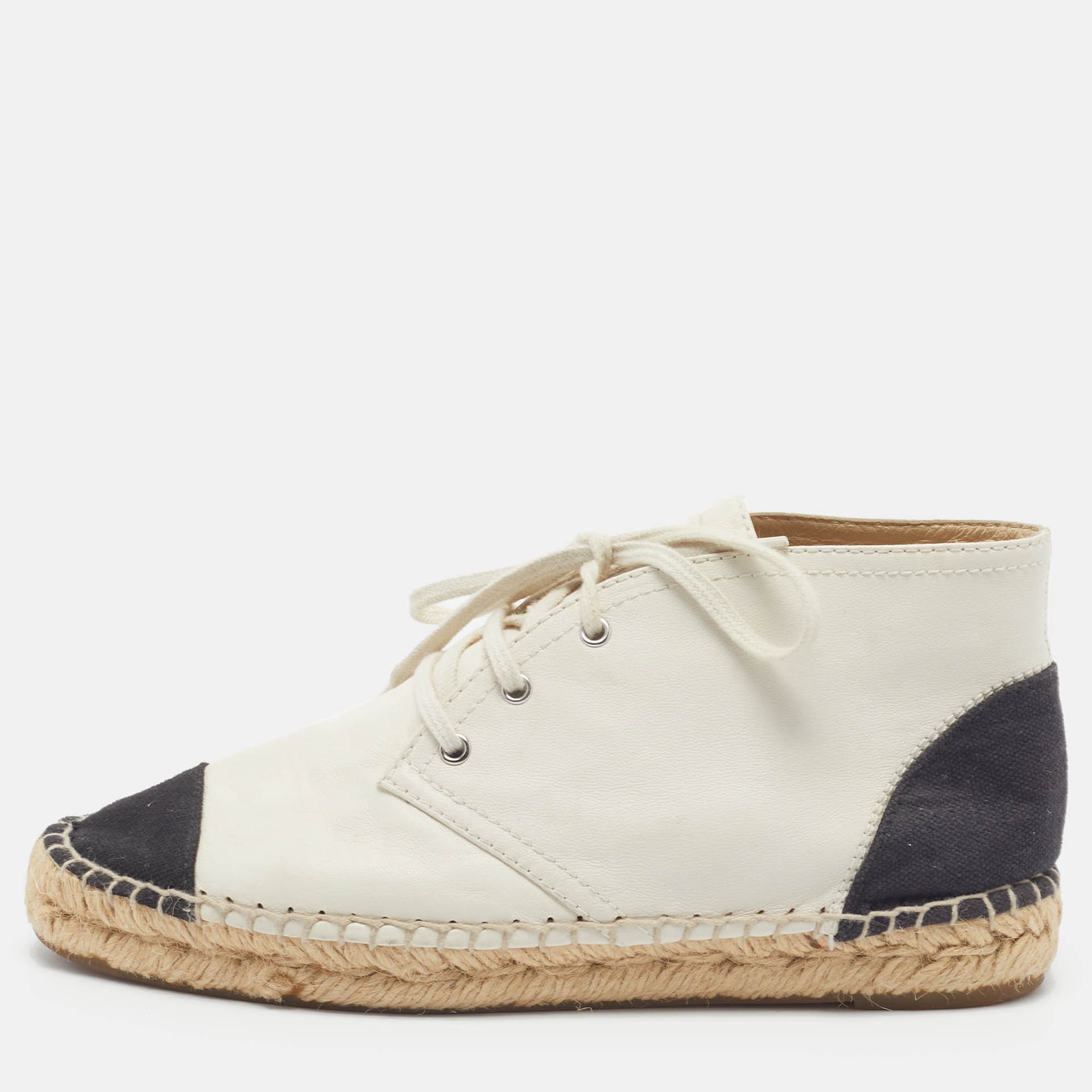 Chanel CC Size 36 Cream/Black Canvas and Leather Cap Toe High Top Espadrille Flats