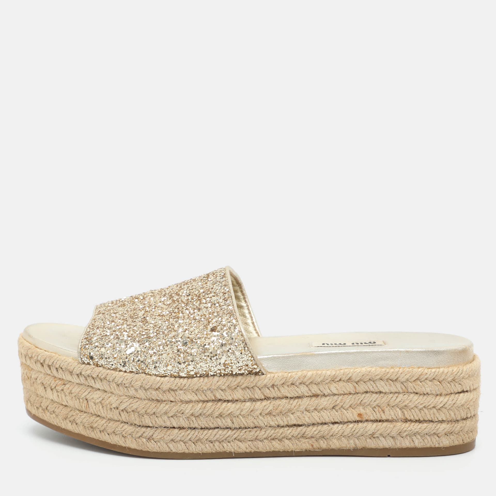 Miu Miu Size 38.5 Gold Glitter Espadrille Platform Slide Sandals
