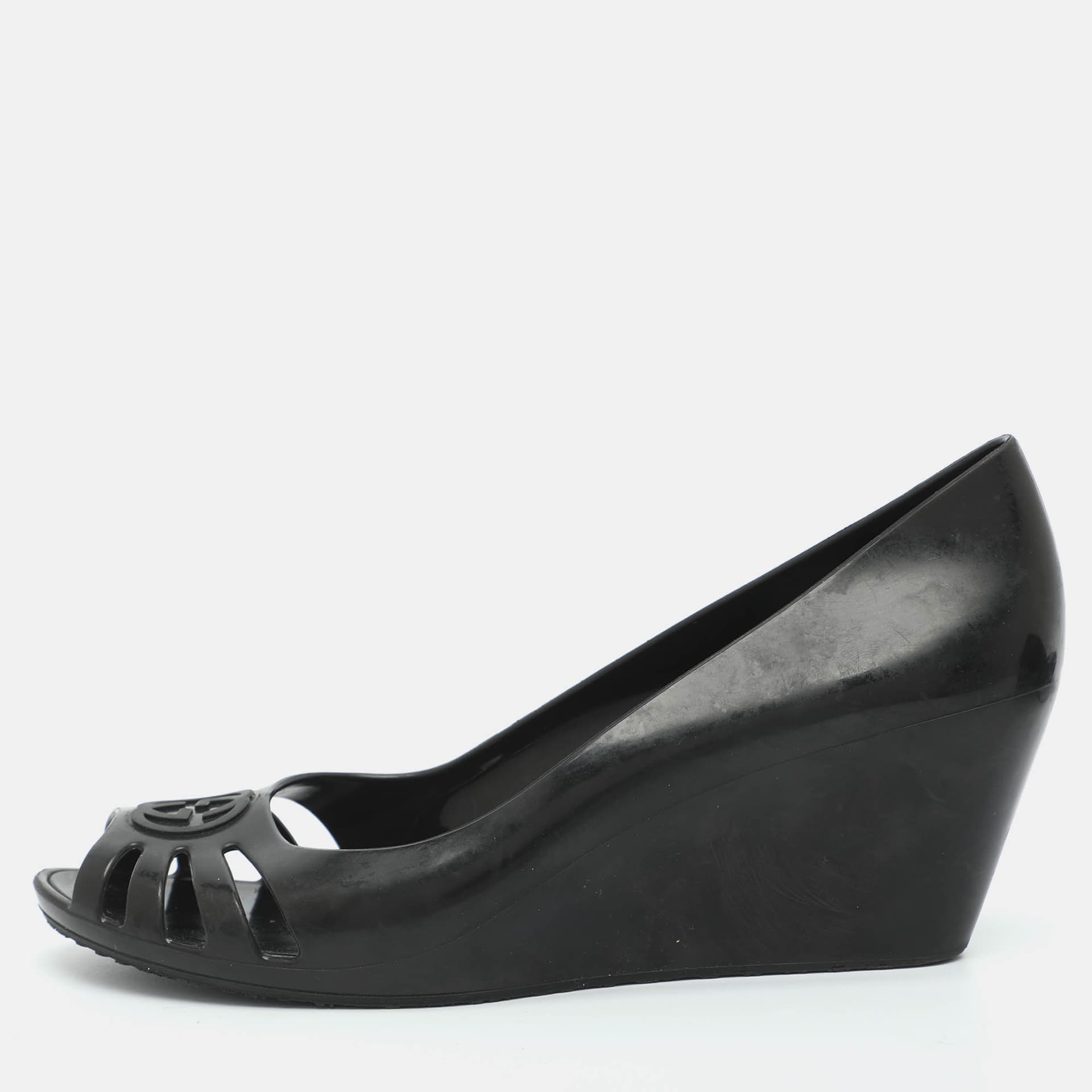 Gucci Marola Size 37 Balck Rubber Wedge Peep Toe Pumps