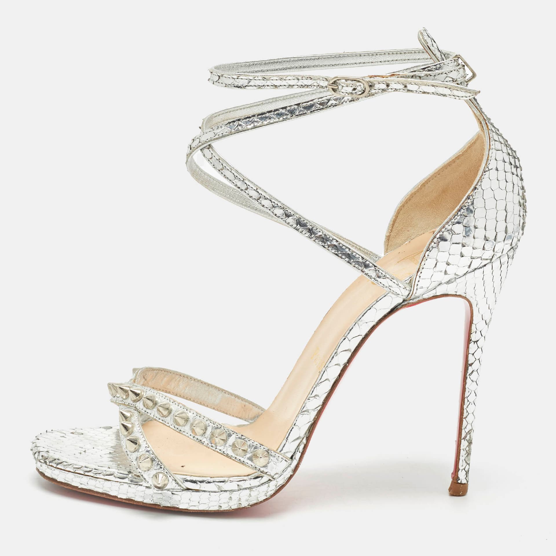 Christian Louboutin Rosalie Size 37.5 Silver Python Embossed Leather Ankle Strap Sandals