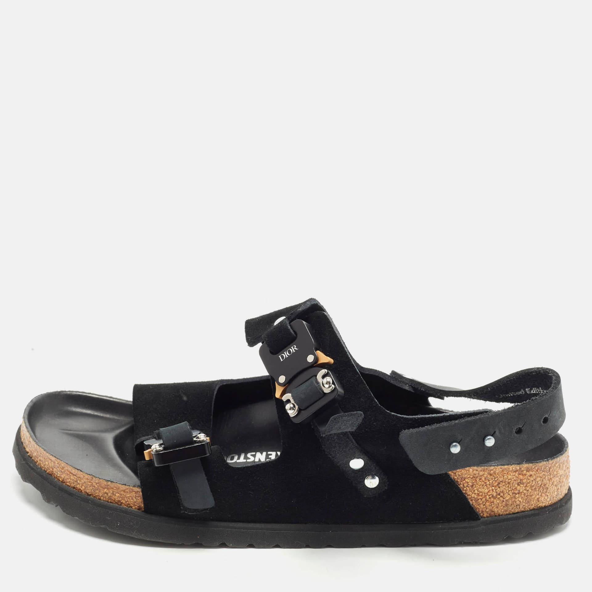 Dior x Birkenstock Size 40 Black Leather and Suede Slingback Sandals