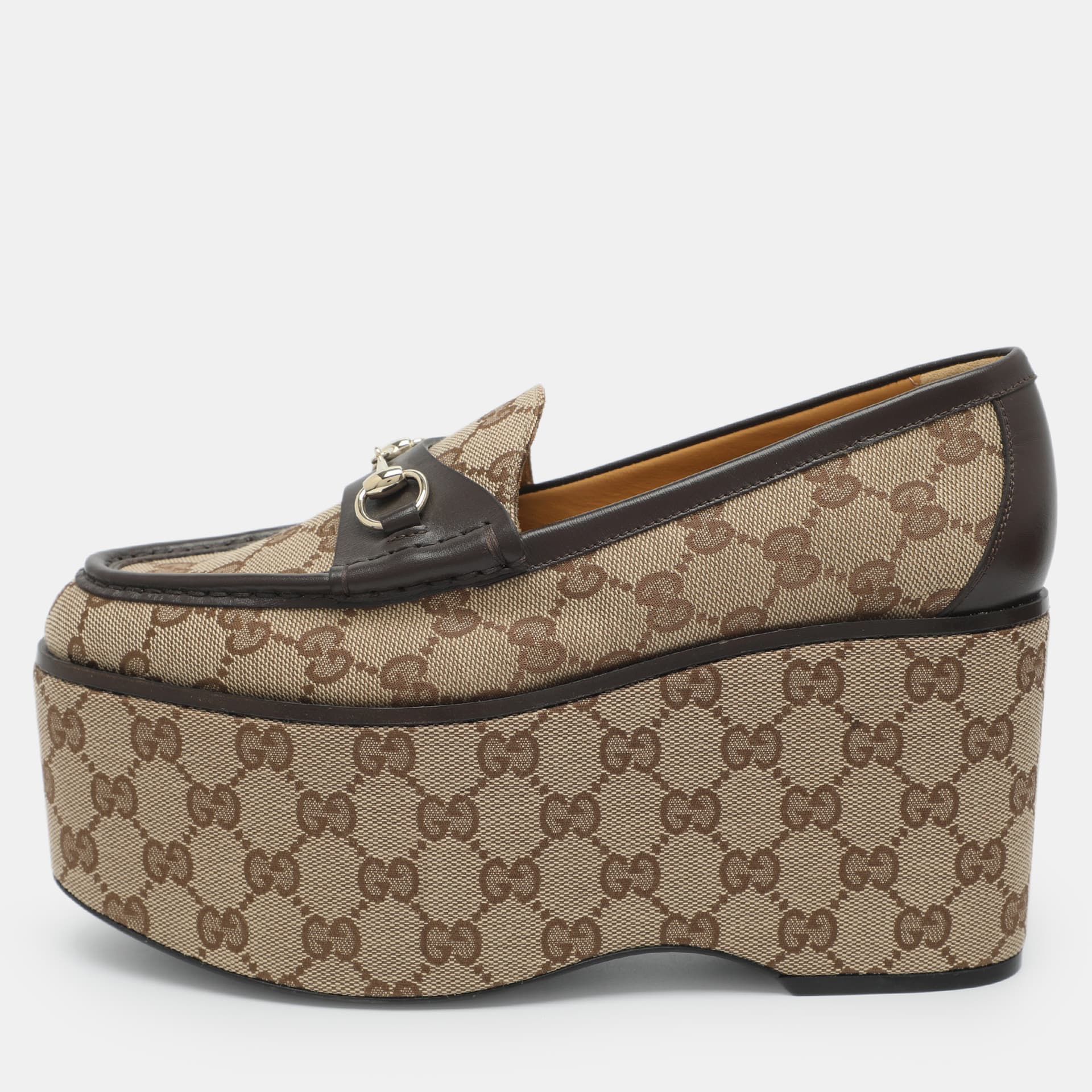 Gucci Horsebit Size 38 Beige GG Canvas and Leather Loafers