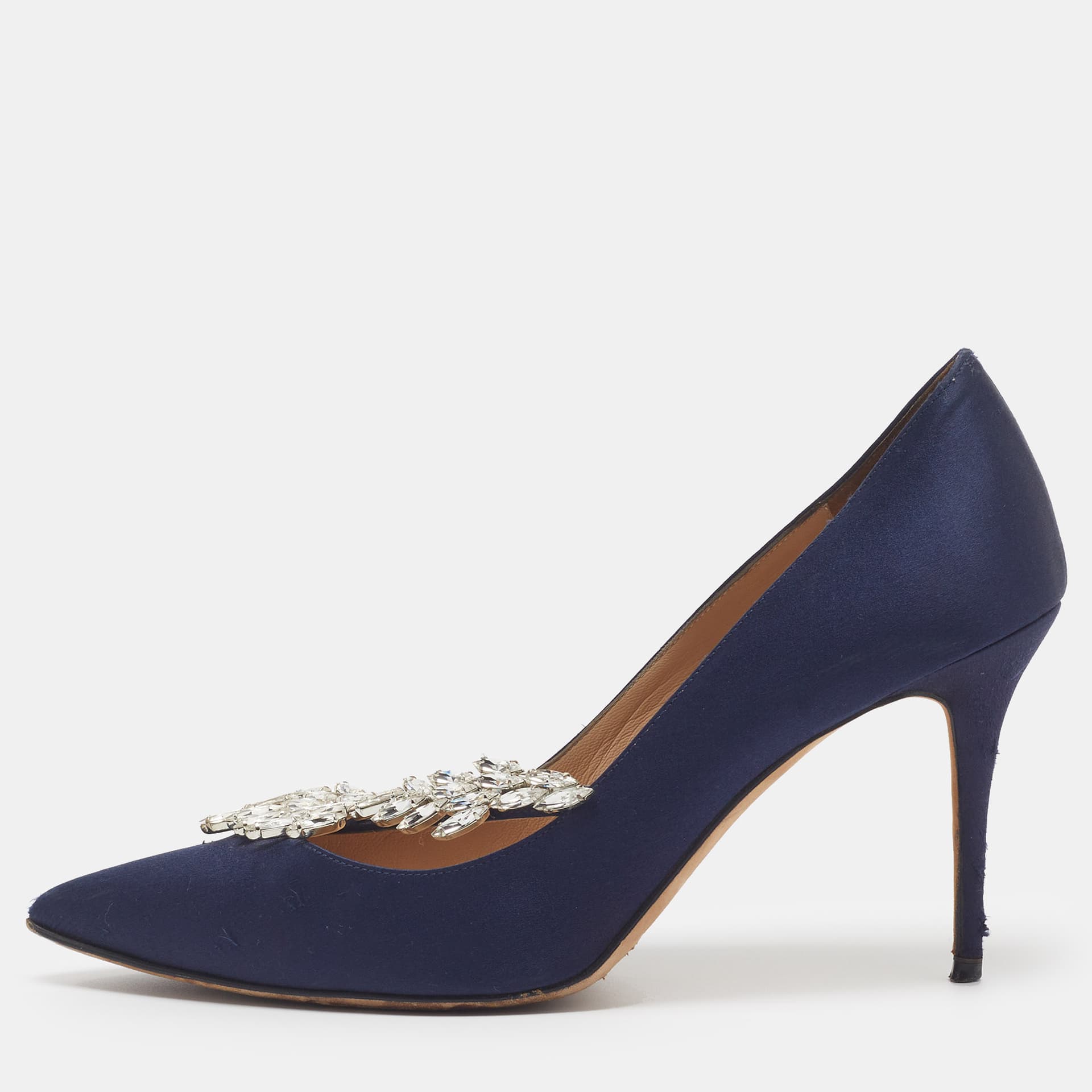 Manolo Blahnik Nadira Size 39.5 Navy Blue Satin Crystal Embellished Pumps