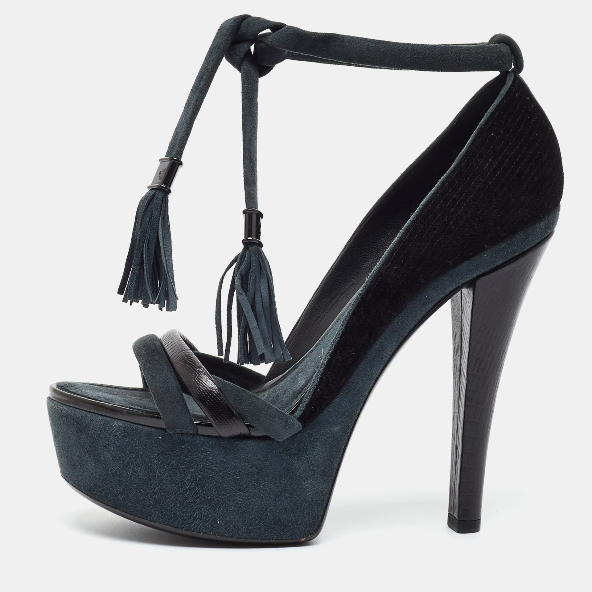 Louis Vuitton Size 38.5 Navy Blue/Black Suede and Velvet Platform Pumps