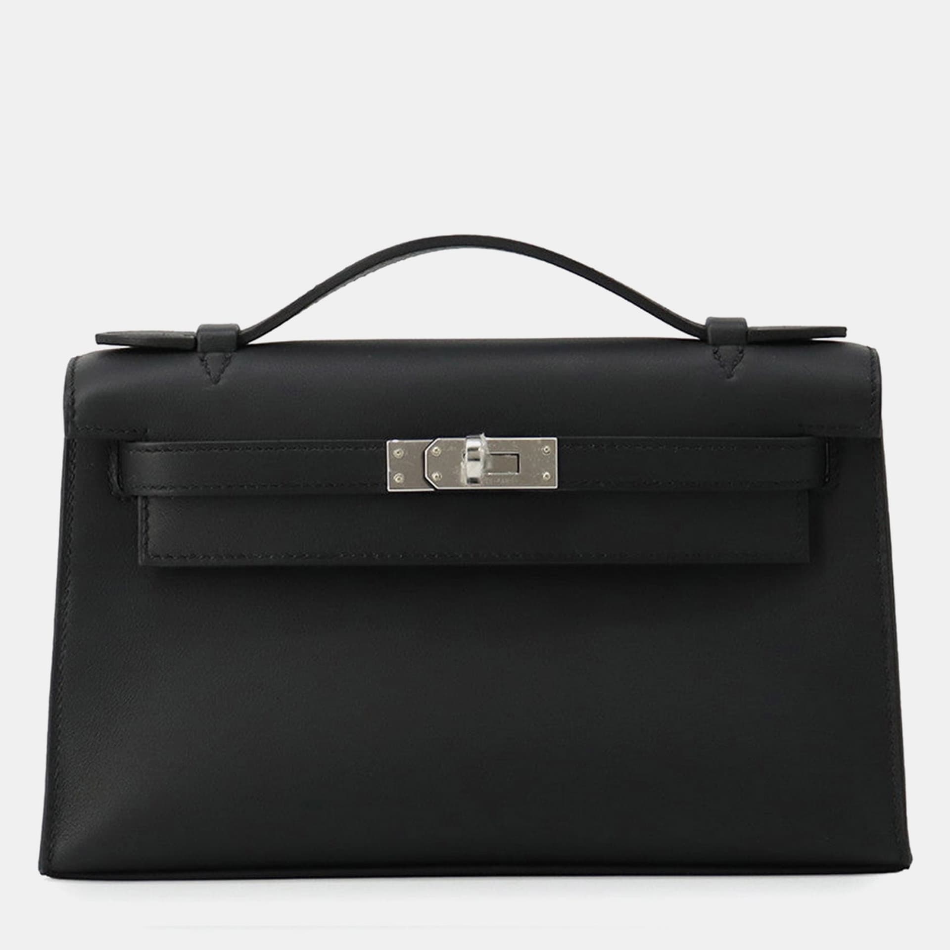 Hermes Pochette kelly Black Swift Leather Top Handle Bags