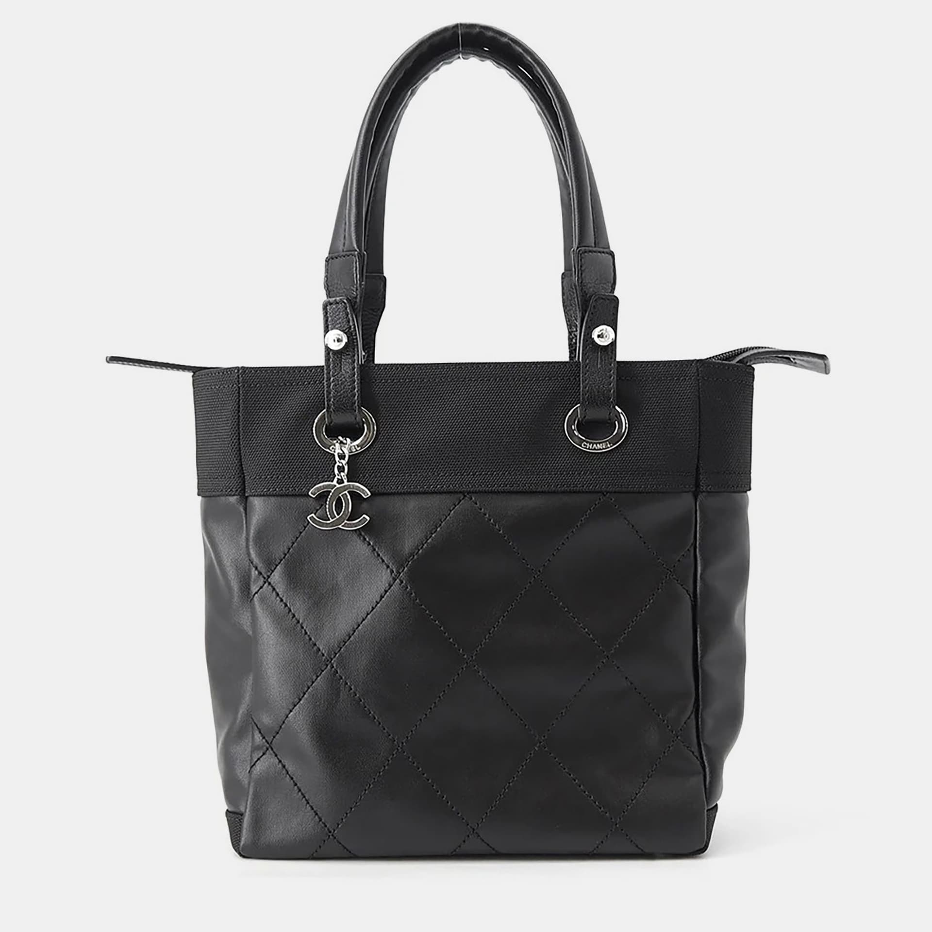 Chanel Paris-Biarritz Tote Black Leather Canvas Size PM