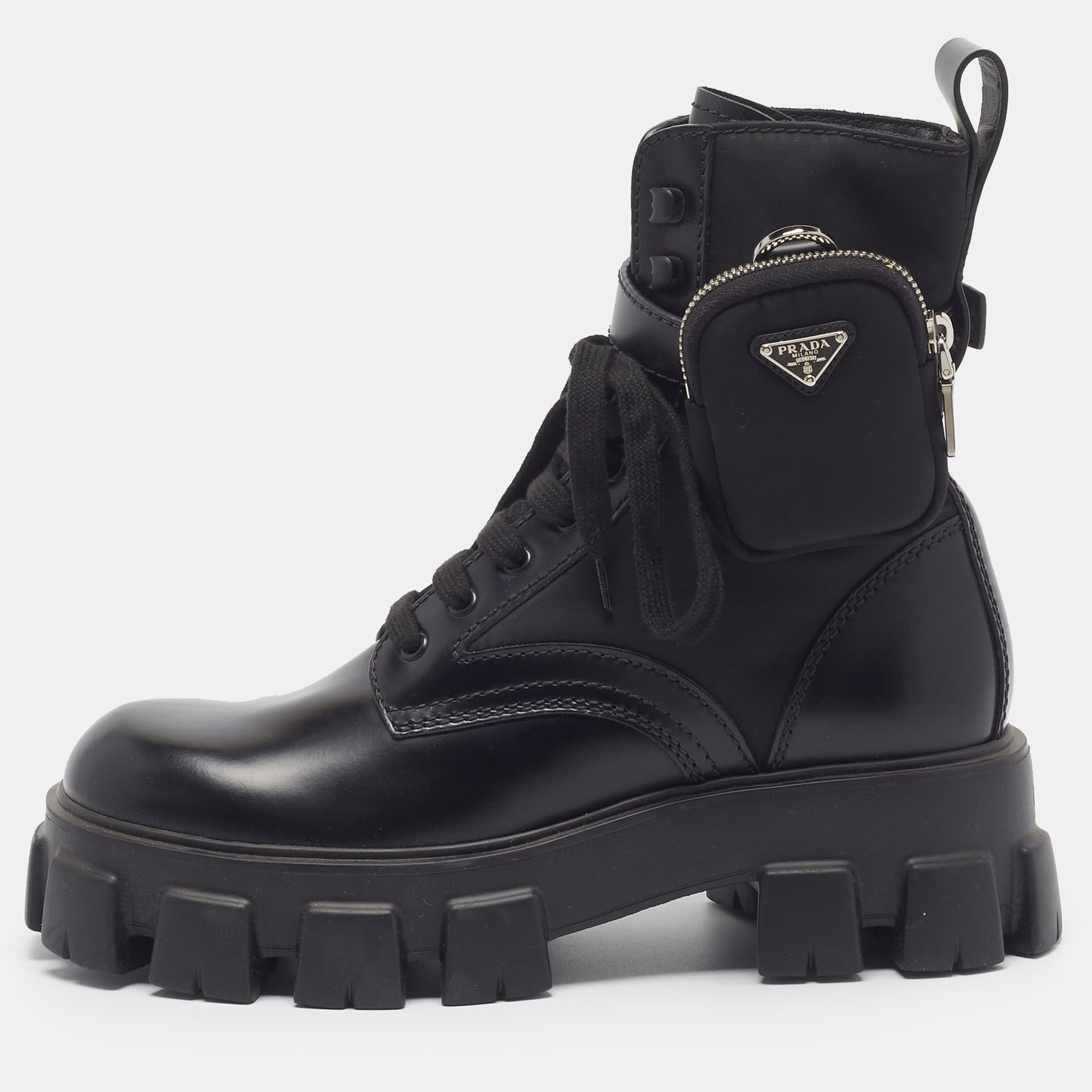 Prada Monolith Size 42 Black Leather and Nylon Ankle Length Boots