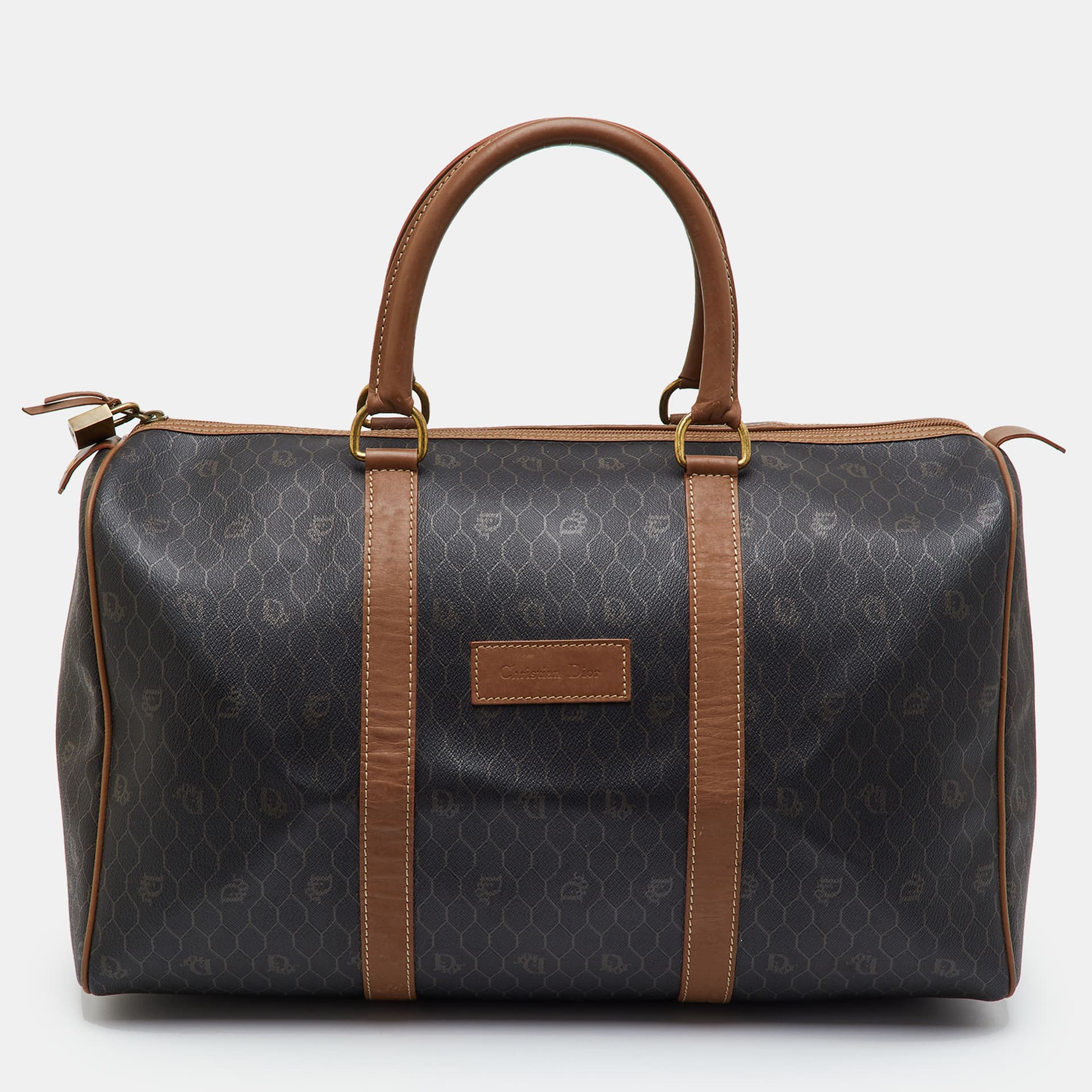 Dior Honeycomb Brown Coated Canvas and Leather Travel Duffel Bag
