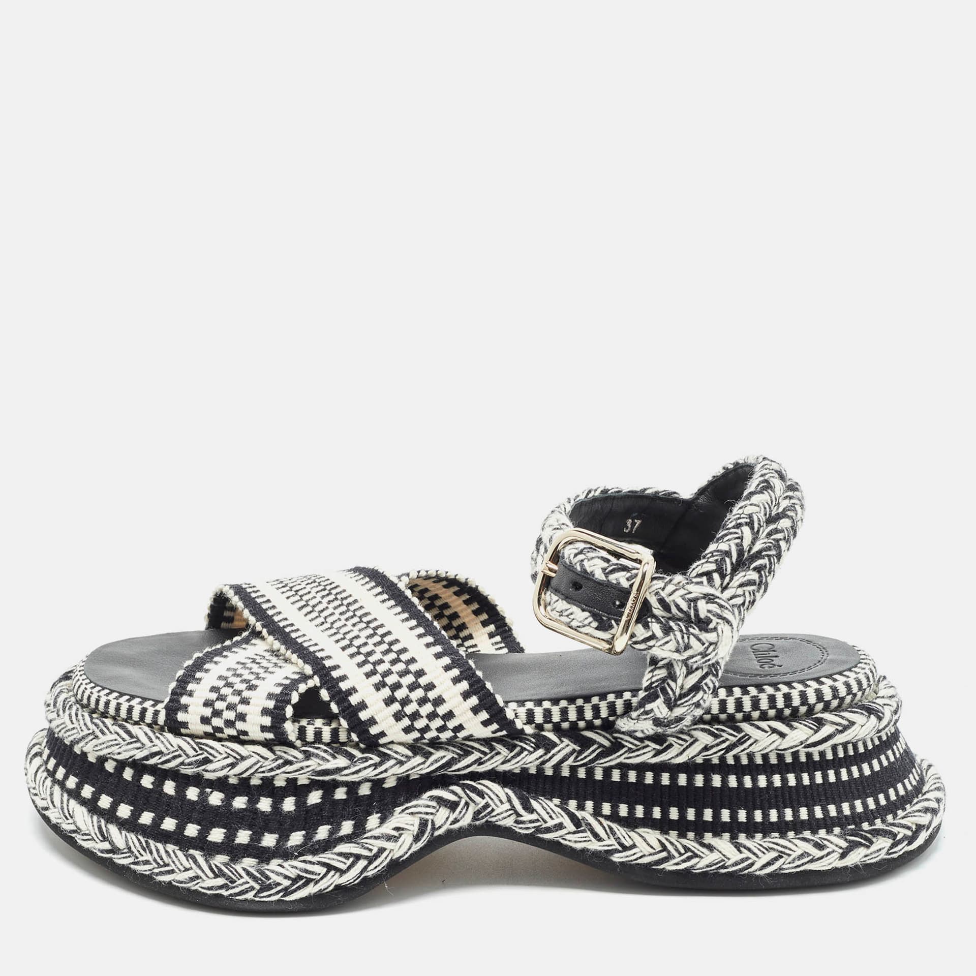 Chloe Meril Size 37 White/Black Knit Fabric Ankle Strap Sandals