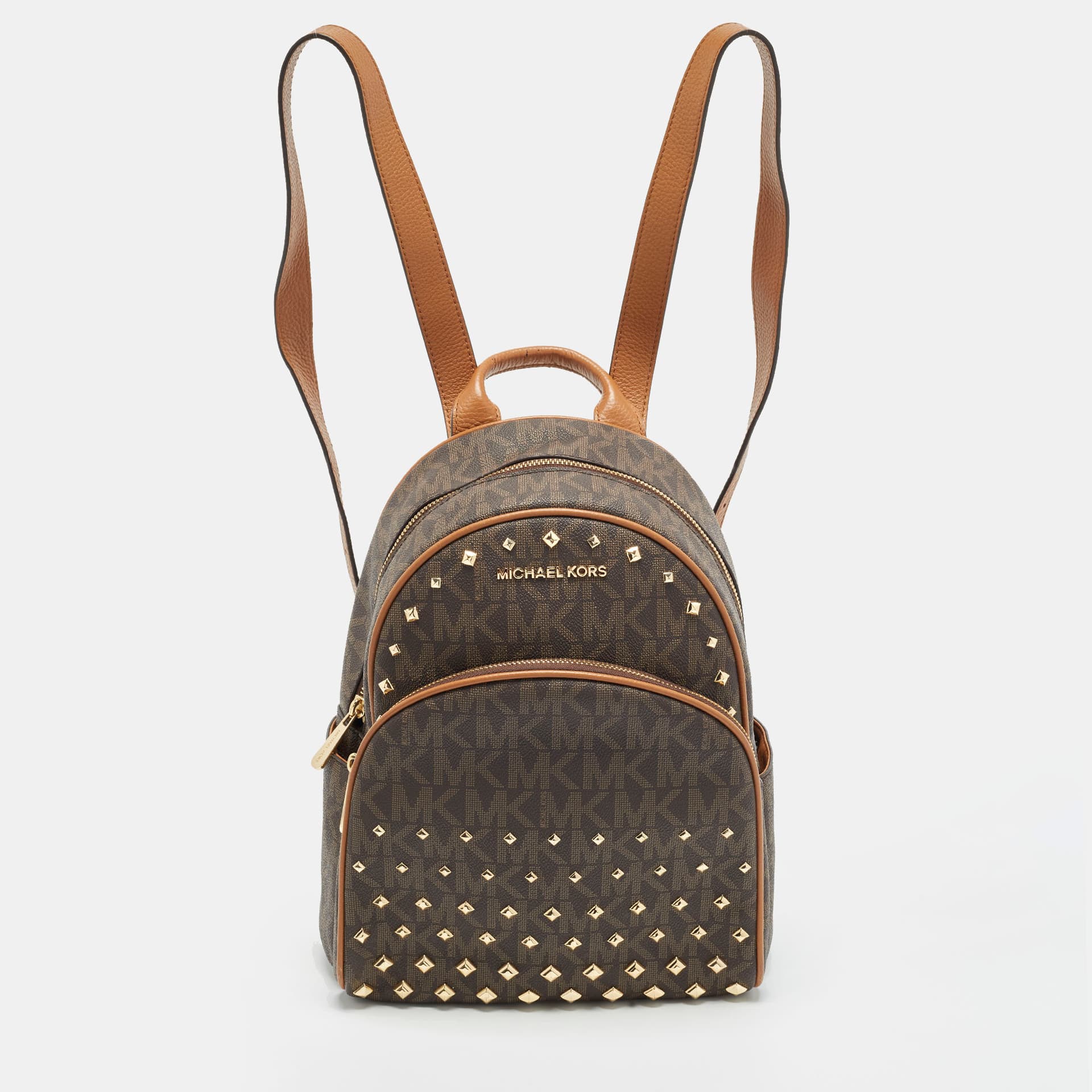 MICHAEL Michael Kors Abbey Studded Brown Signature Coated Canvas Backpack