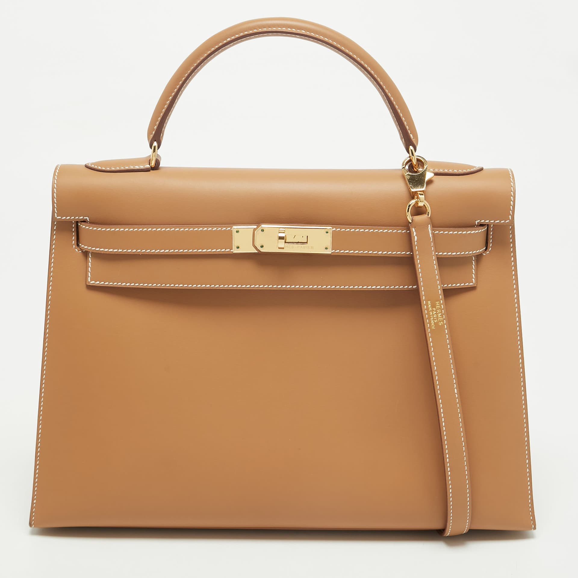 Hermes Kelly Sellier 32 Gold Finish Natural Sable Veau Butler Leather Top Handle Bag