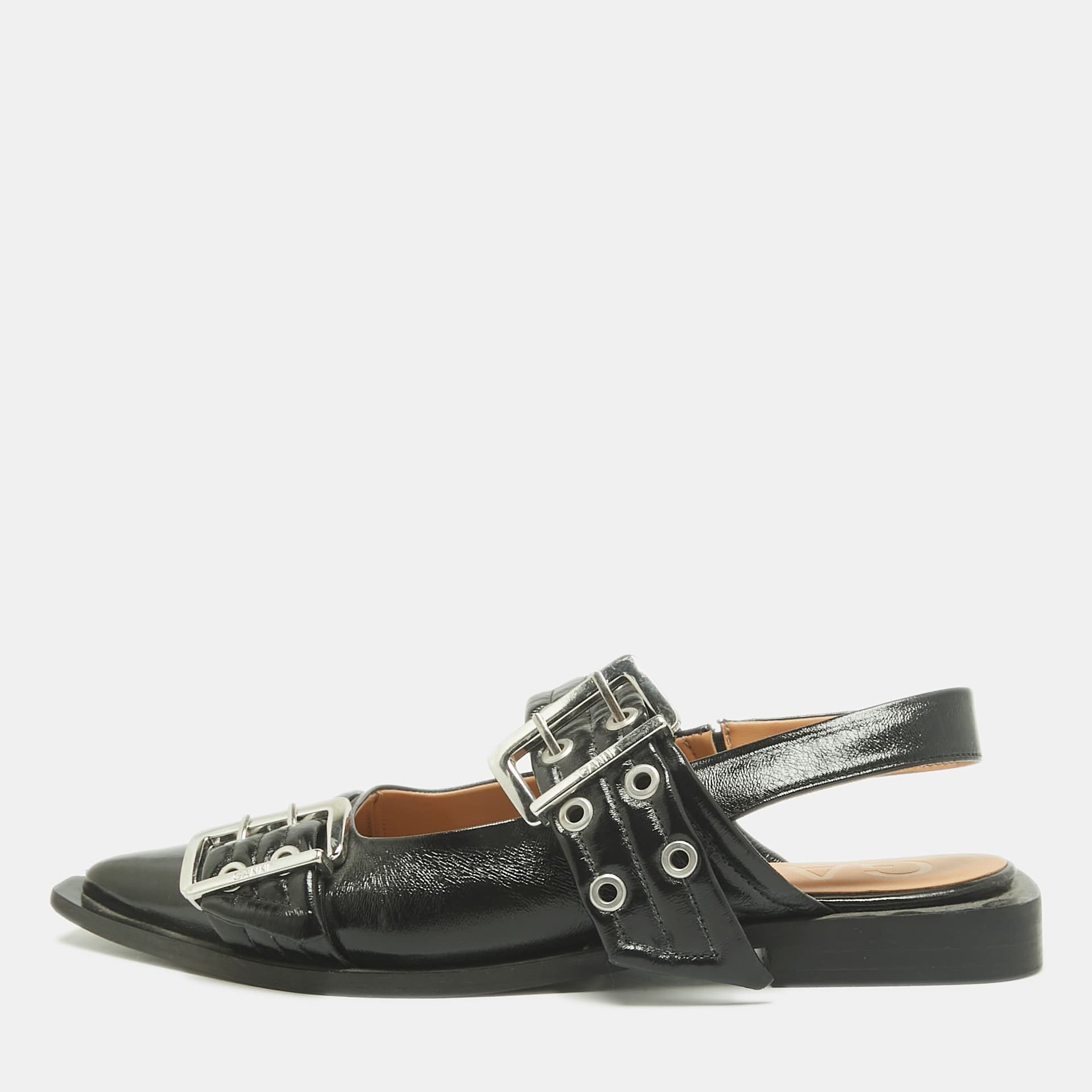 Ganni Size 41 Black Leather Buckle Slingback Flats