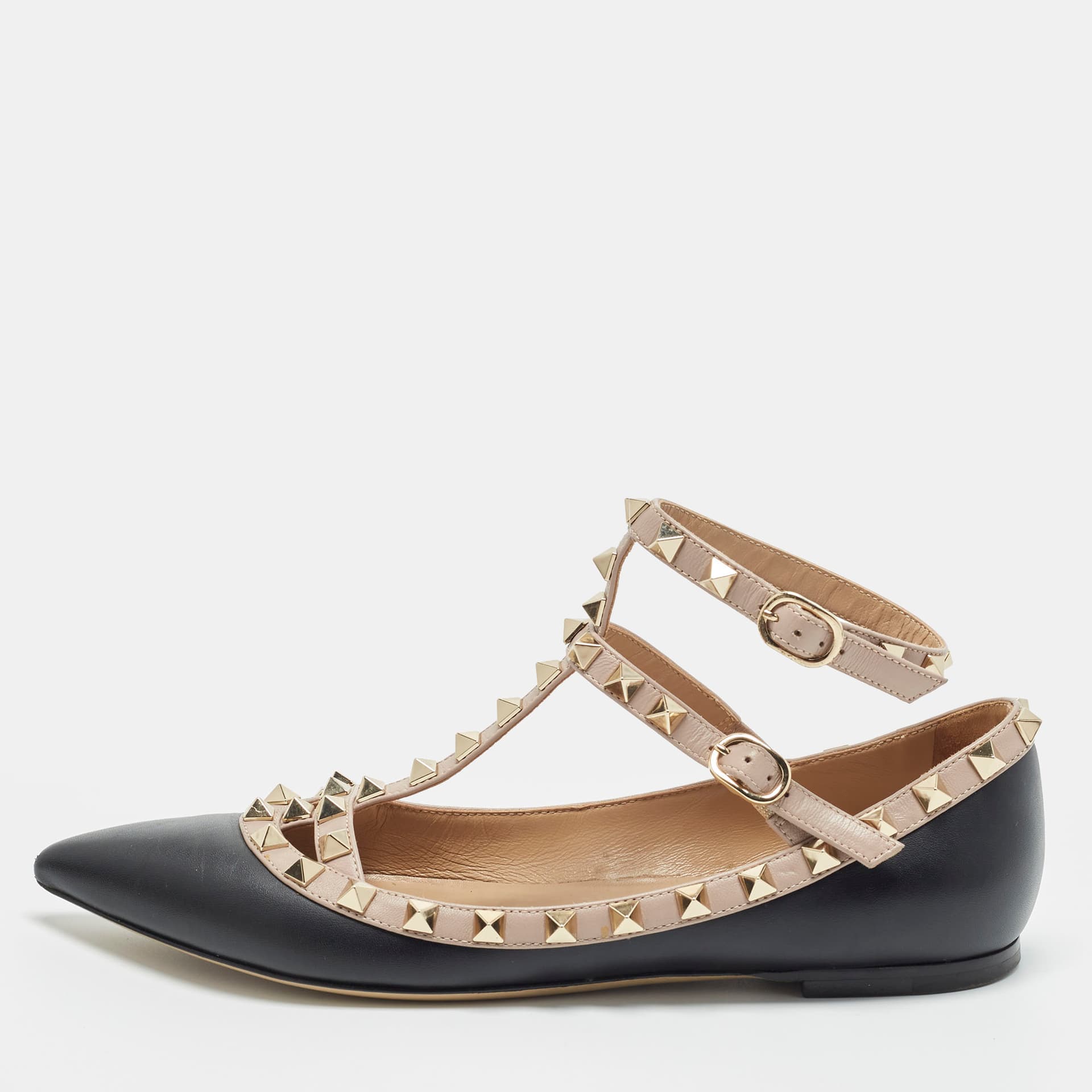 Valentino Rockstud Caged Size 37 Black/Pink Leather Ankle Strap Ballet Flats