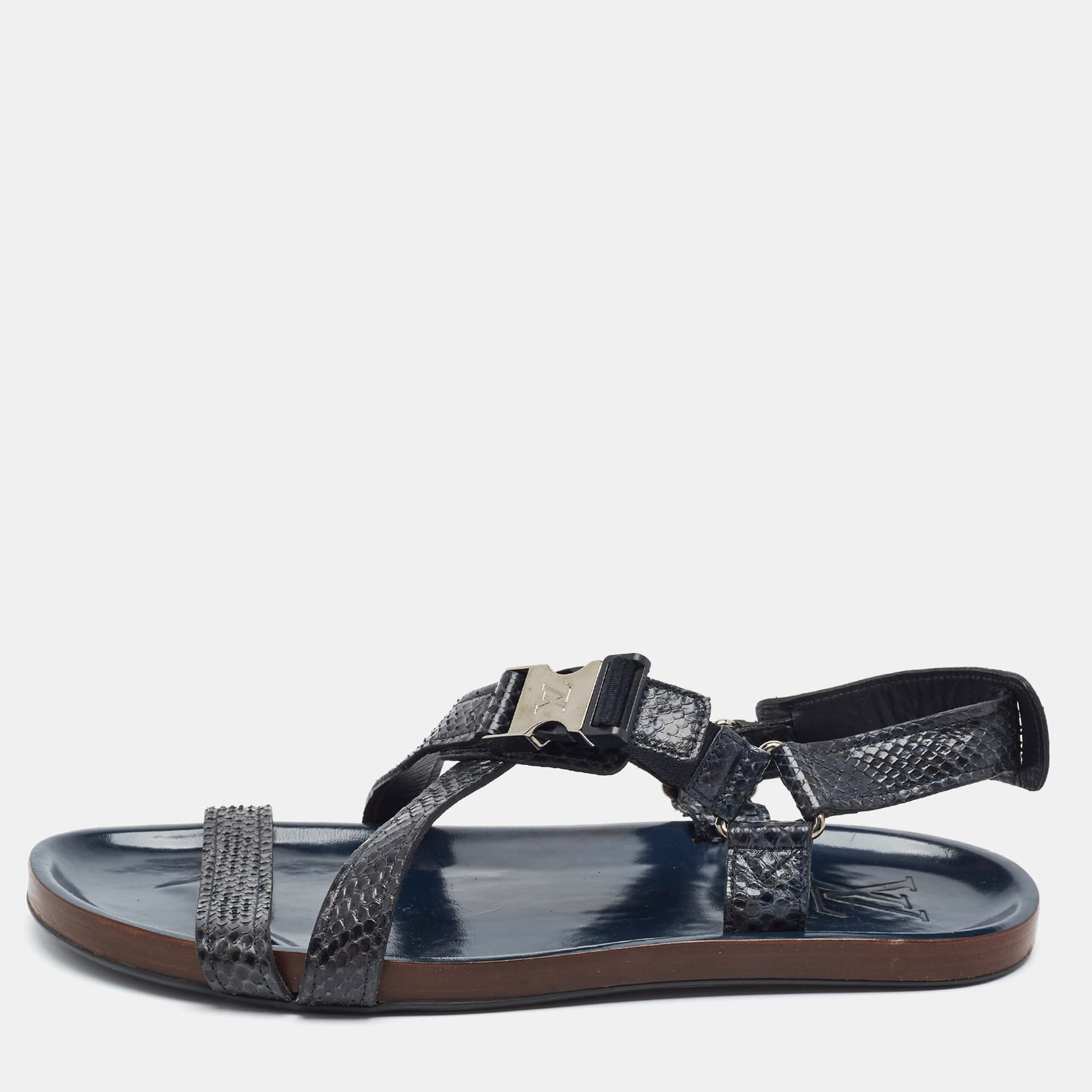 Louis Vuitton Size 42.5 Navy Blue Python Leather LV Logo Criss Cross Flat Slingback Sandals