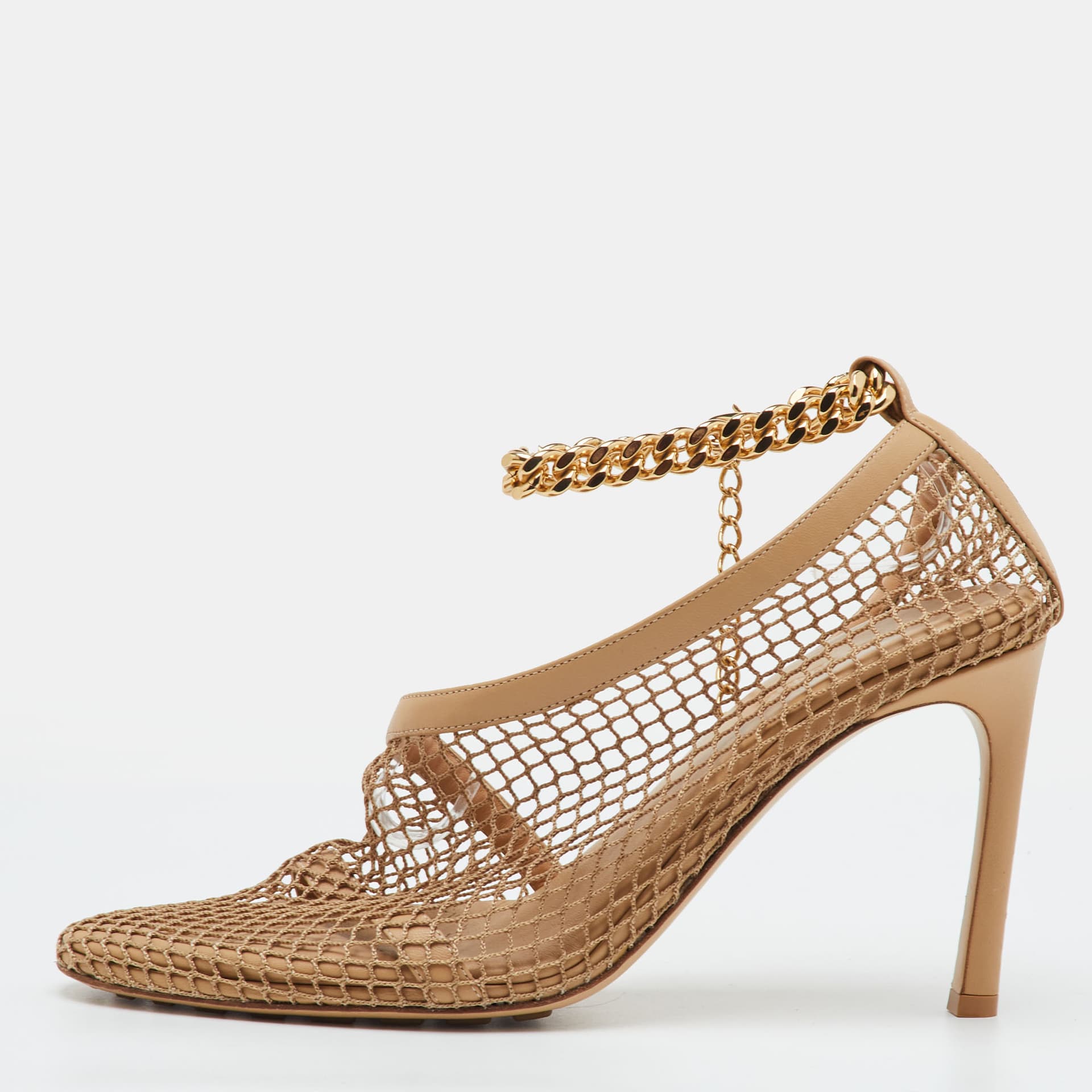 Bottega Veneta Size 39 Beige Leather and Stretch Mesh Chain Pumps