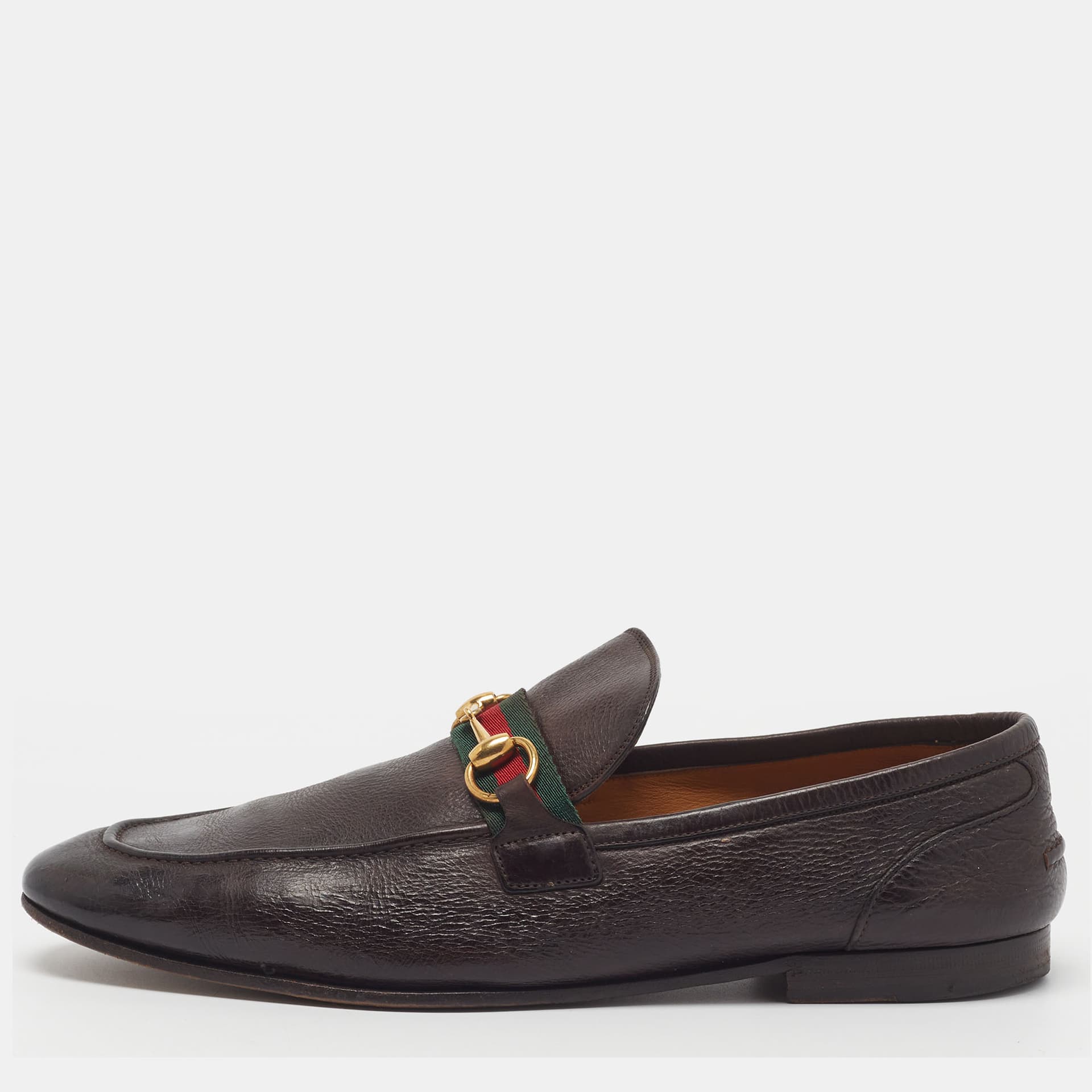 Gucci Horsebit Size 44 Dark Brown Leather Web Penny Loafers