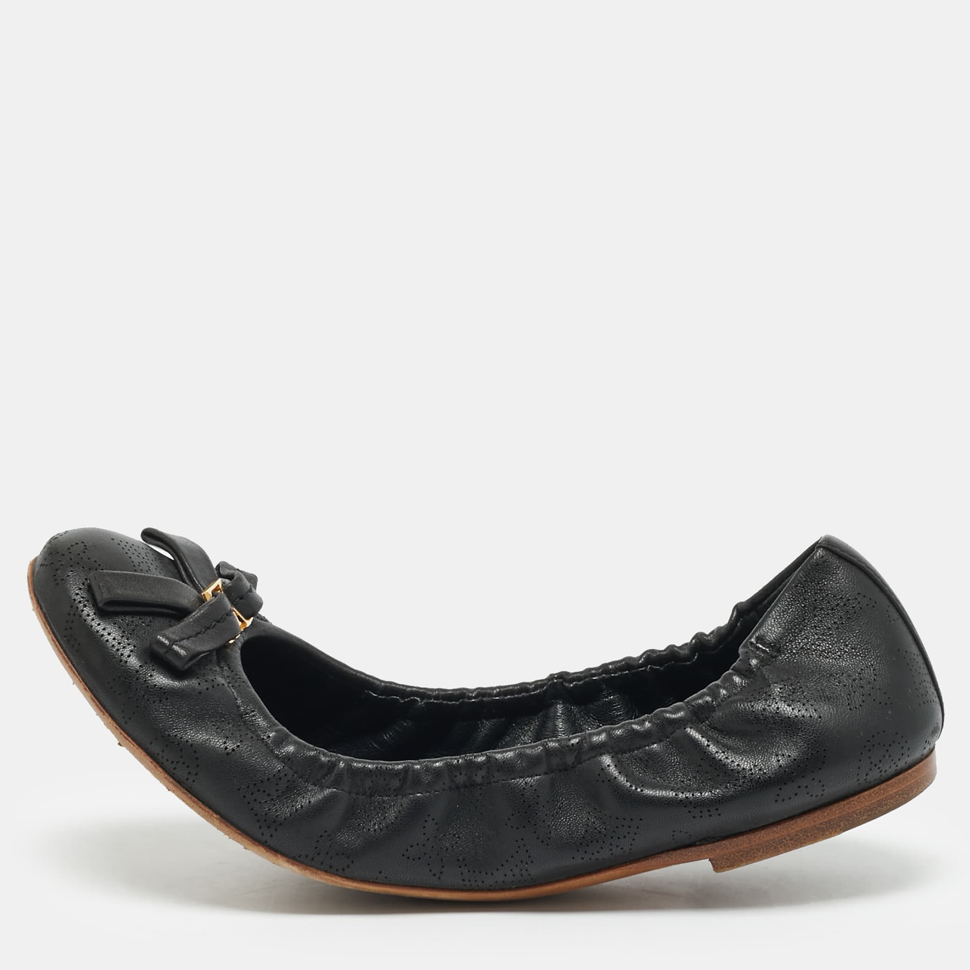Louis Vuitton Size 36 Black Perforated Monogram Leather Bow Scrunch Ballet Flats