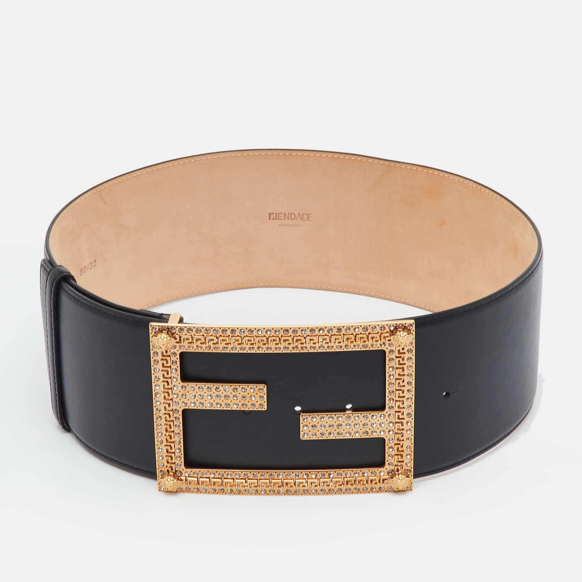 Fendi 80CM Black Leather Fendace Crystal Embellished Wide Belt