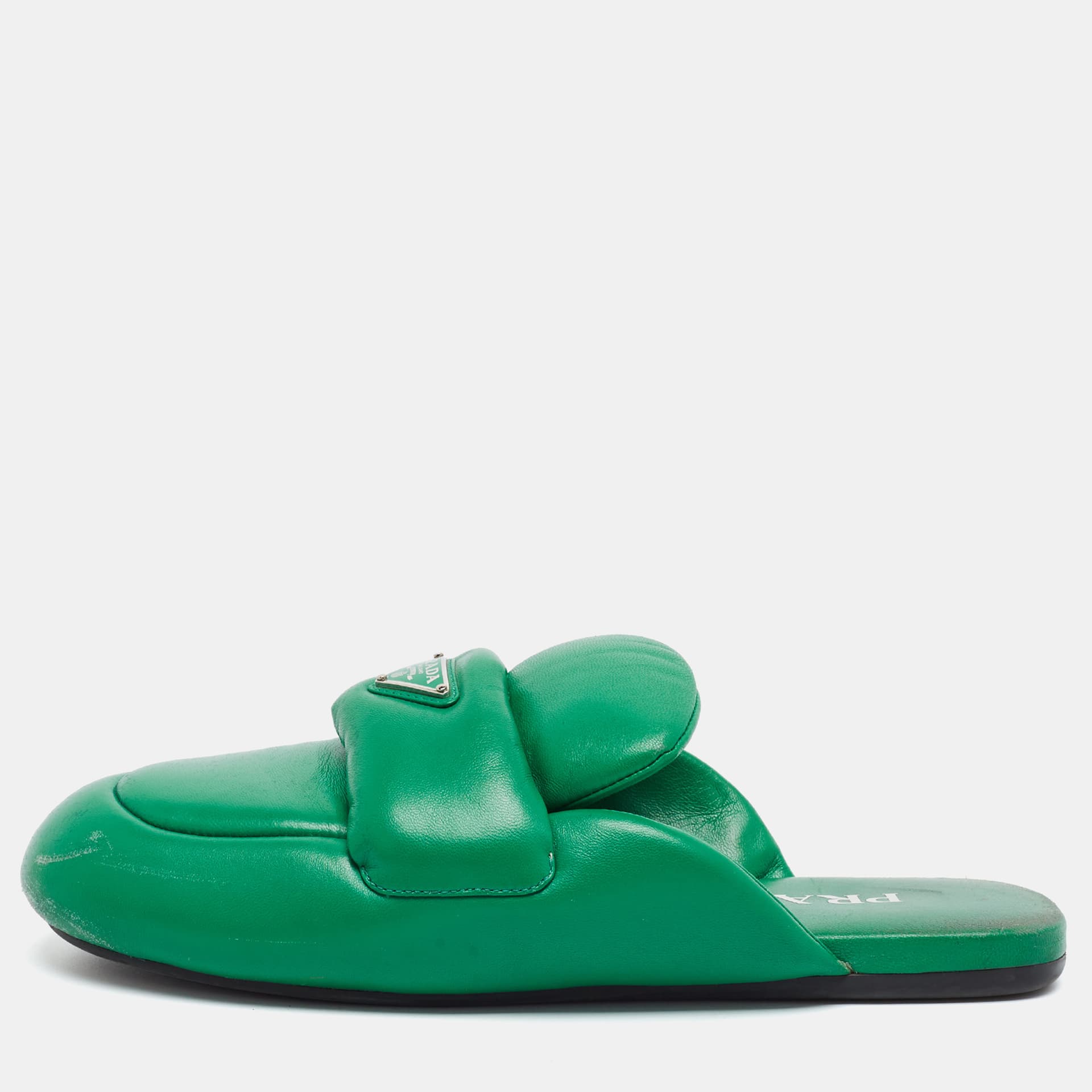 Prada Size 38 Green Pantofole Padded Leather Mules