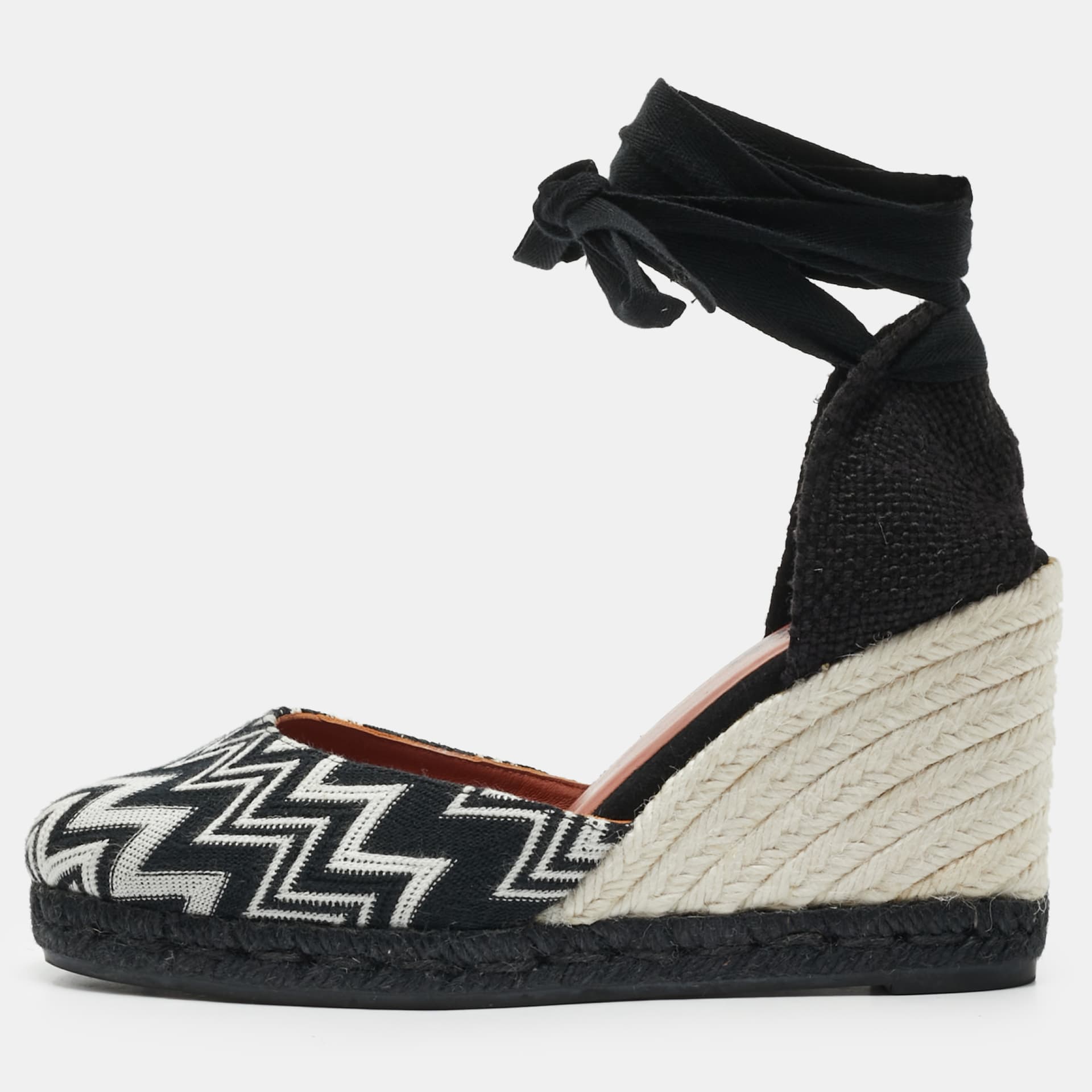 Missoni Size 37 Black/White Fabric and Raffia Chevron Wedge Sandals