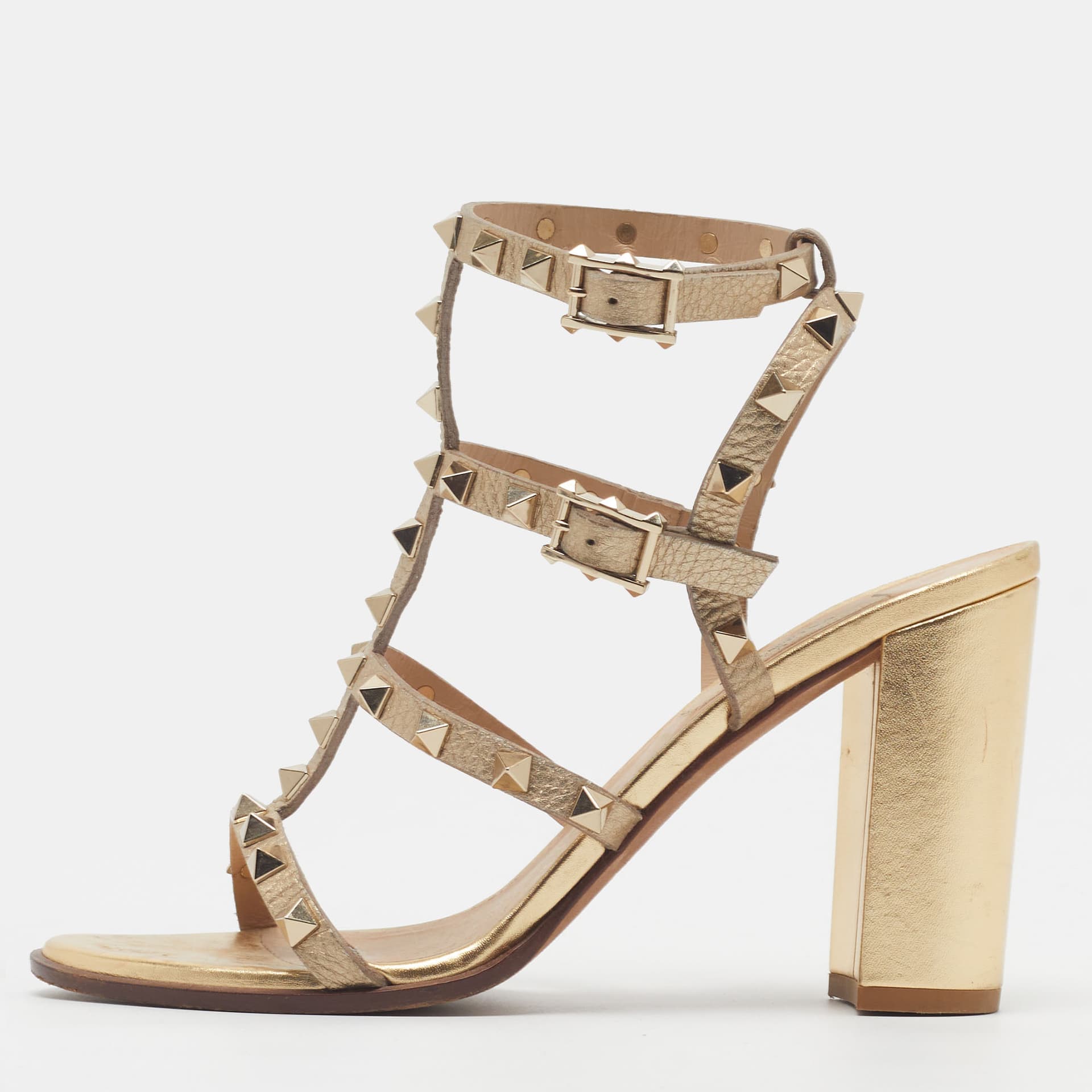 Valentino Rockstud Size 37.5 Gold Leather Ankle Strap Sandals