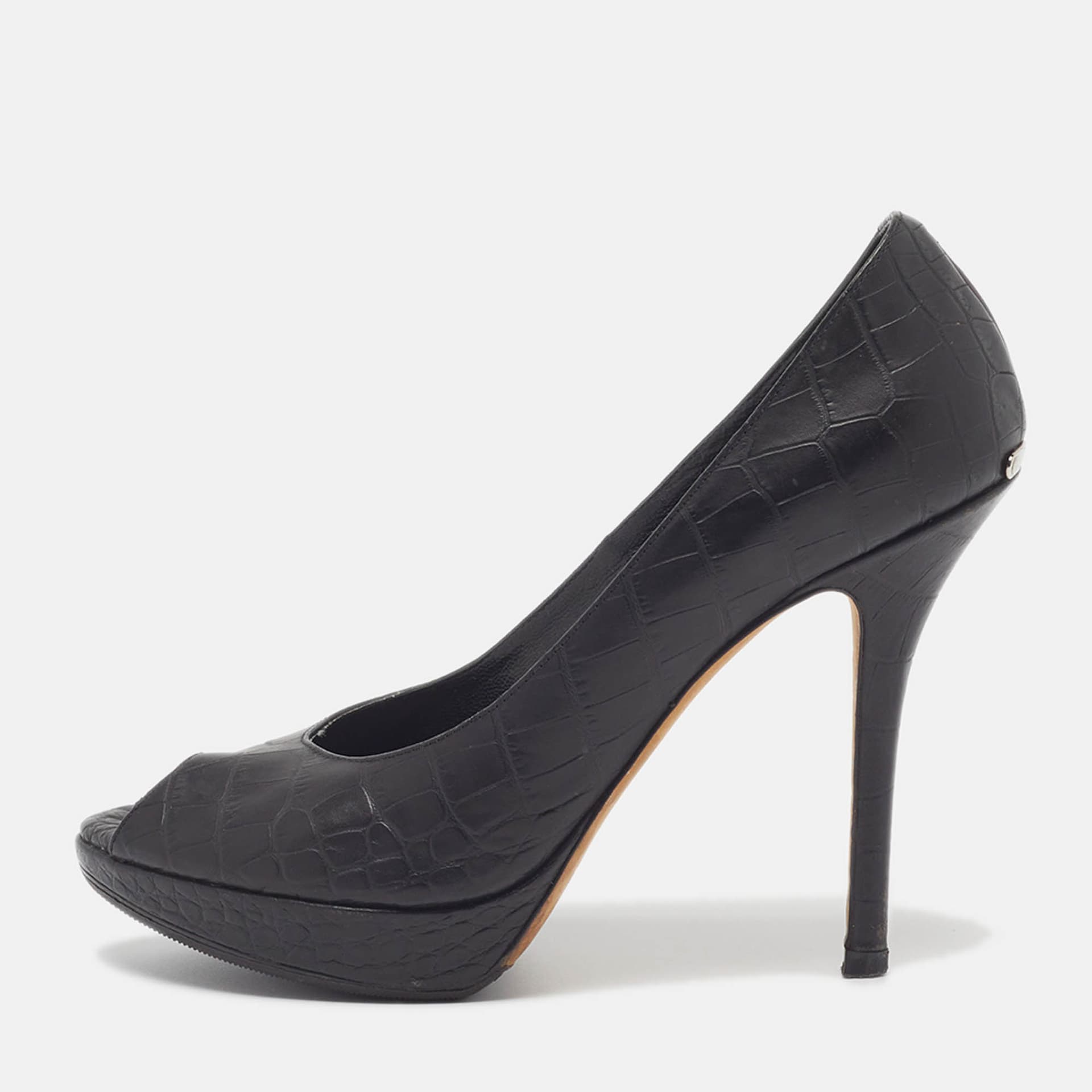 Dior Size 37.5 Black Croc Embossed Leather Peep Toe Pumps