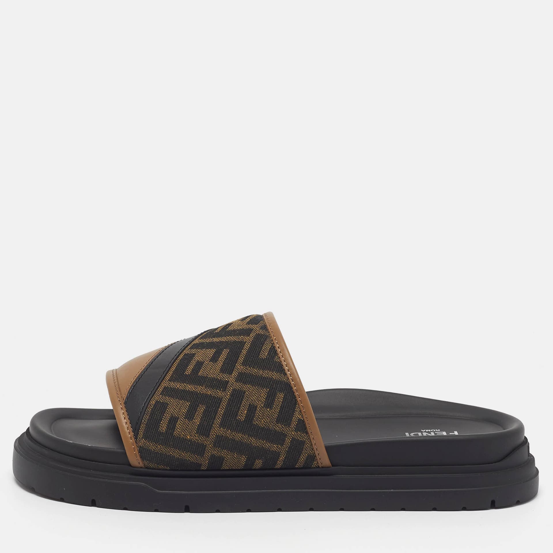 Fendi FF Size 43 Brown Canvas and Leather Logo Detail Slide Sandals