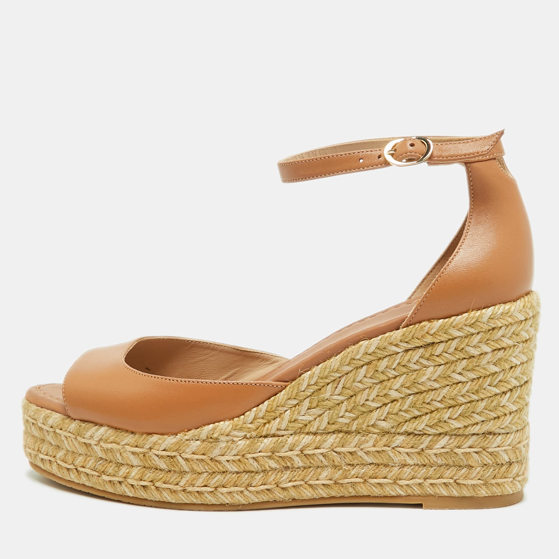 Stuart Weitzman Nudistia Size 38 Brown Leather Ankle Strap Espadrille Wedge Sandals
