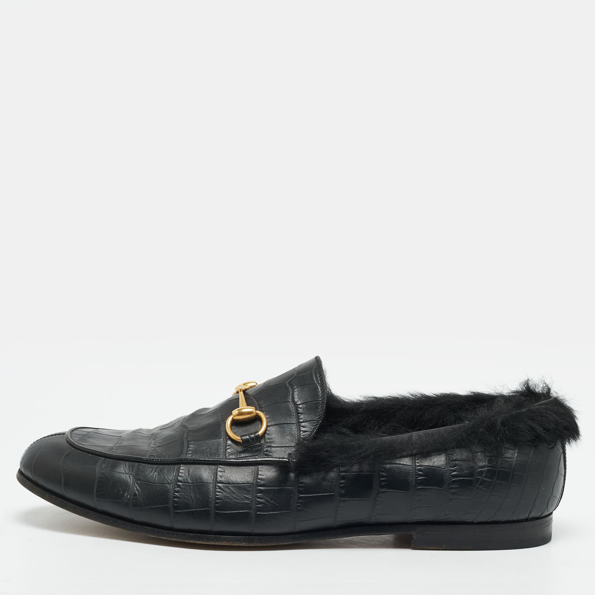 Gucci Jordaan Size 44 Crocodile Leather and Shearling Horsebit Loafers
