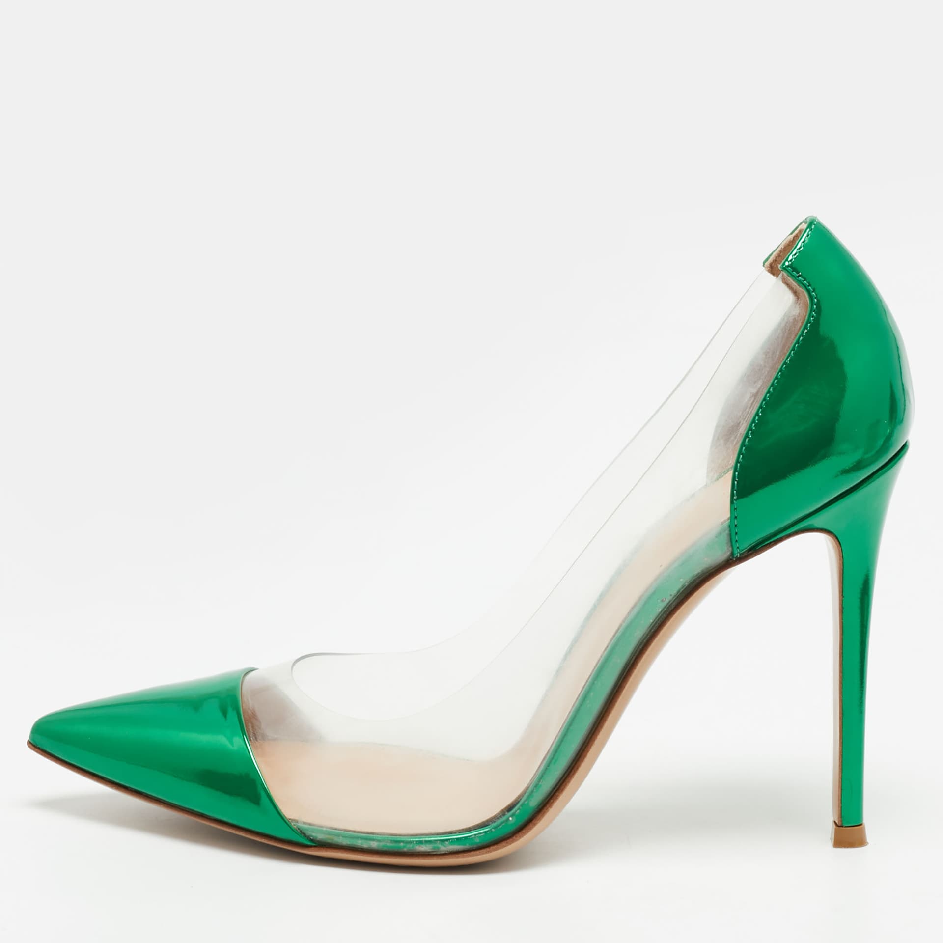 Gianvito Rossi Plexi Size 39 Green Patent Leather and PVC Pointed Toe Pumps