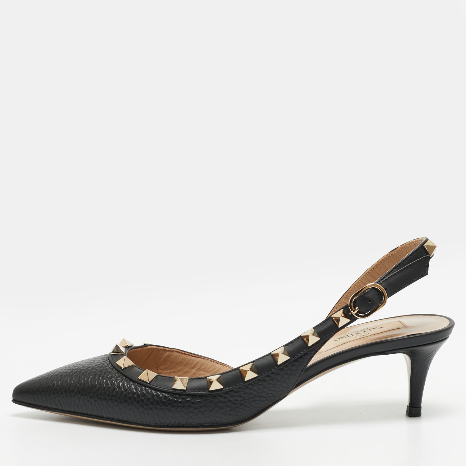 Valentino Rockstud Size 36.5 Black Leather D'orsay Slingback Pumps
