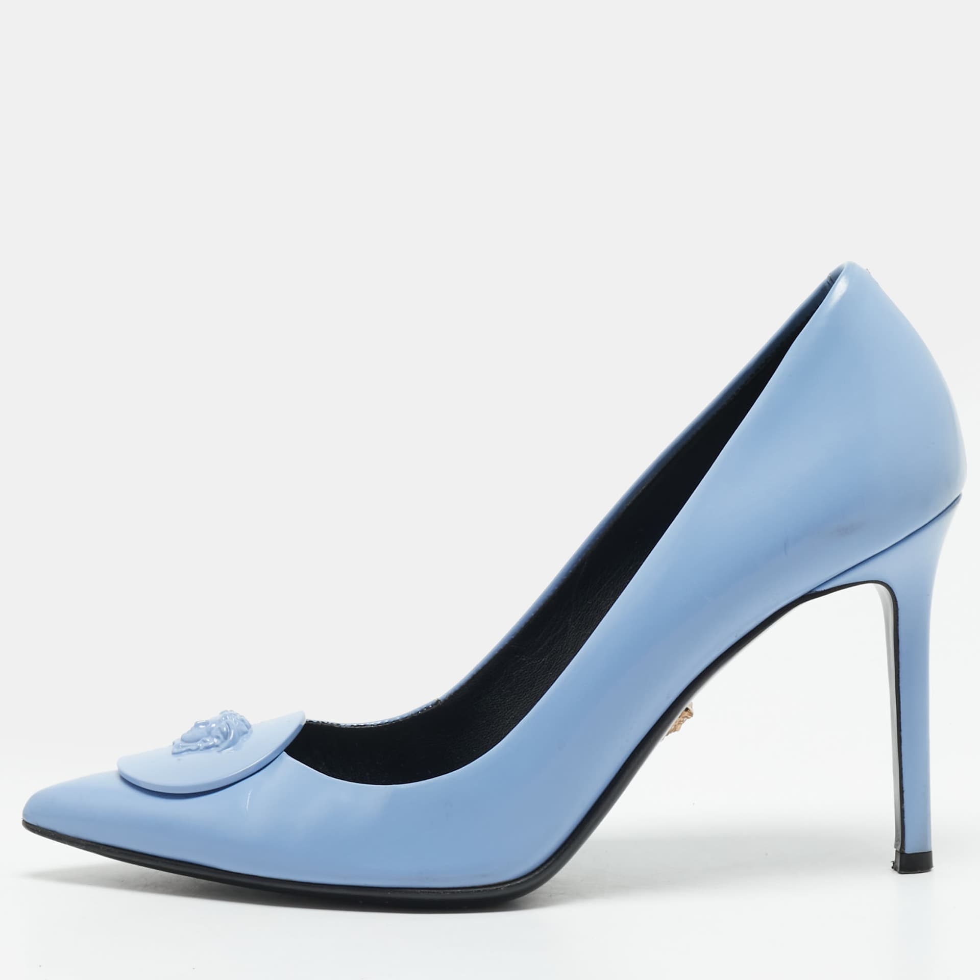 Versace Medusa Size 37 Light Blue Leather Pointed Toe Pumps