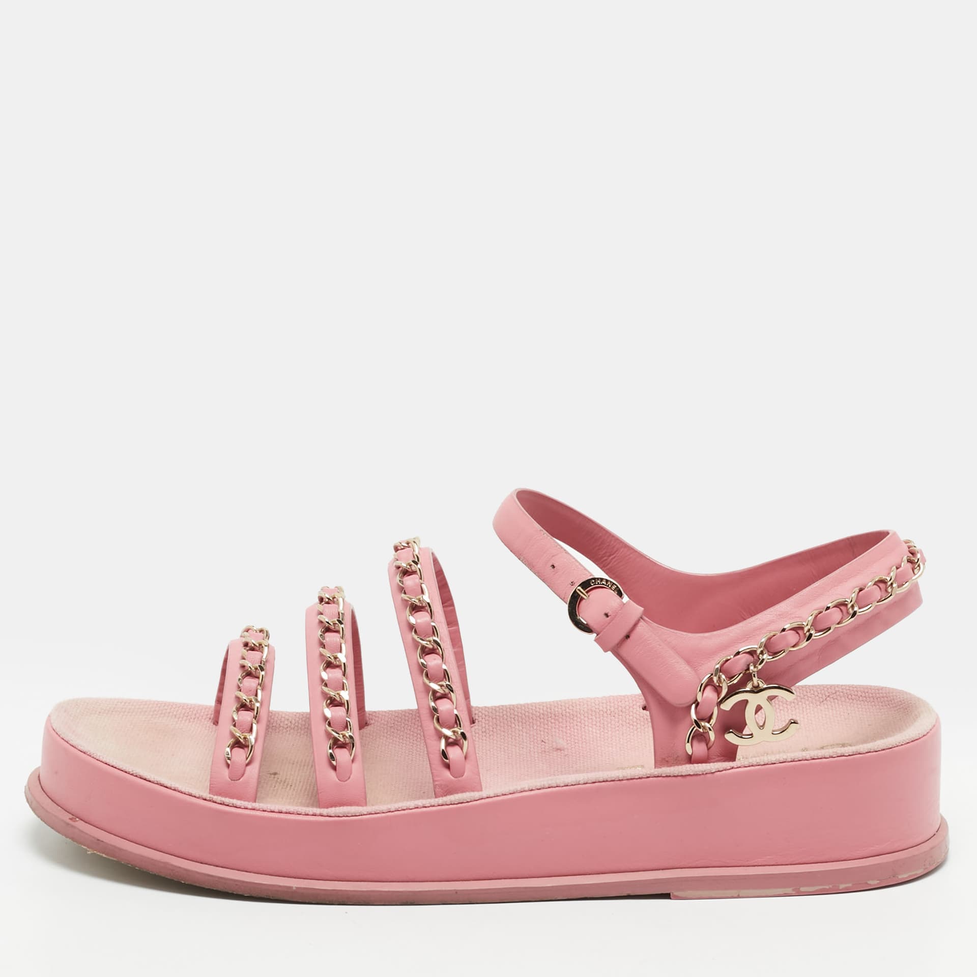 Chanel CC Size 37 Pink Leather Platform Chain Logo Ankle Strap Sandals
