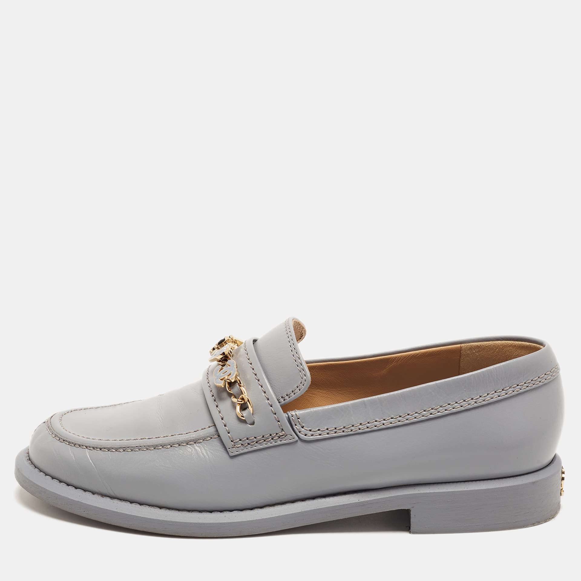 Chanel Enamel Charms Size 40.5 Grey Leather Loafers