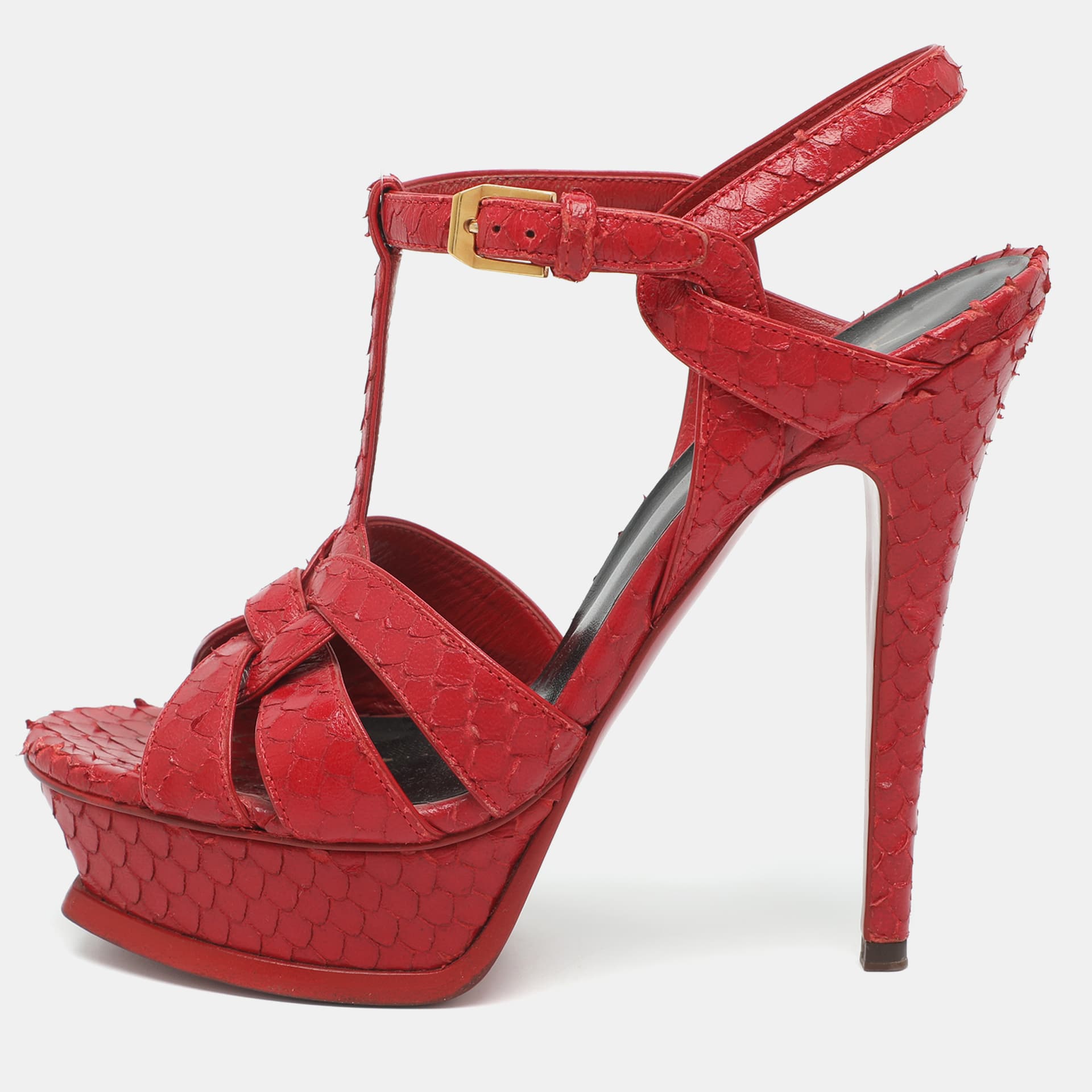 Saint Laurent Size 36.5 Red Python Embossed Leather Platform Sandals